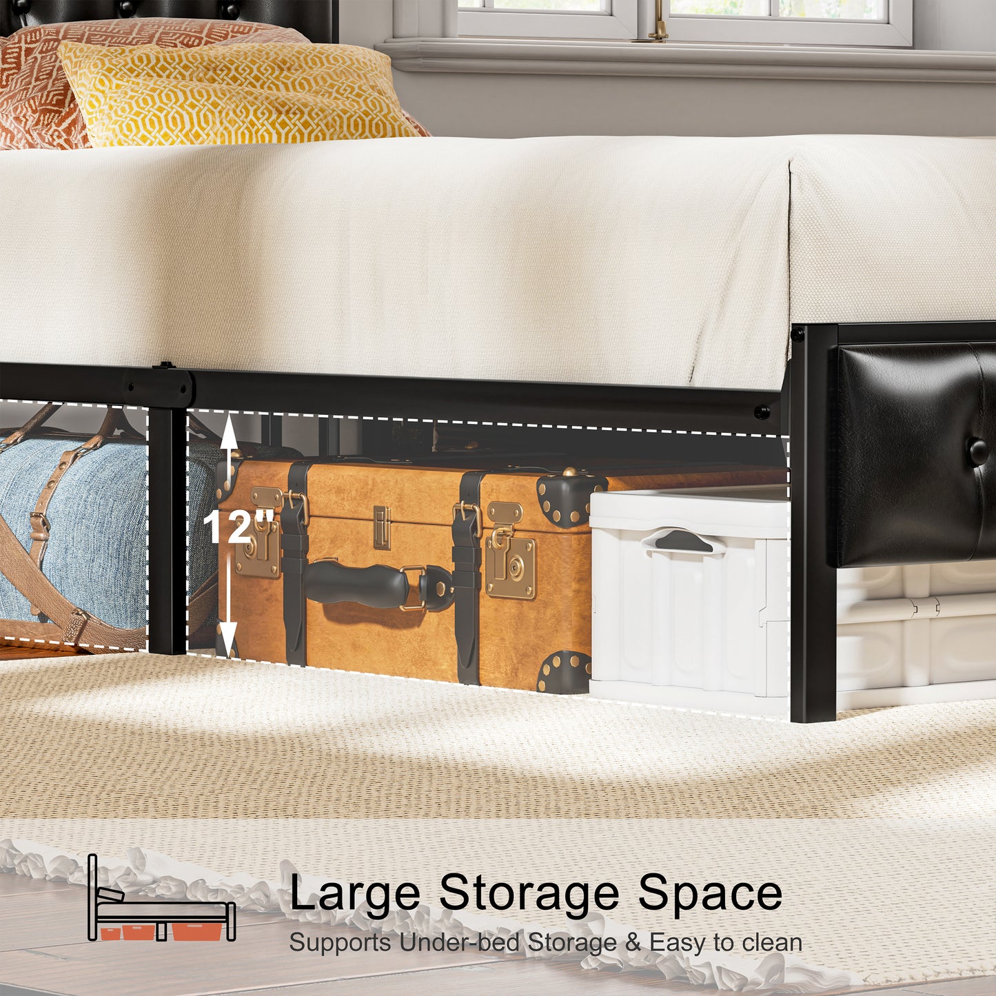 WOWLIVE Bed Frame with Storage Headboard, Metal Platform Bed Frame, Storage Bed with Charging Station and LED Light