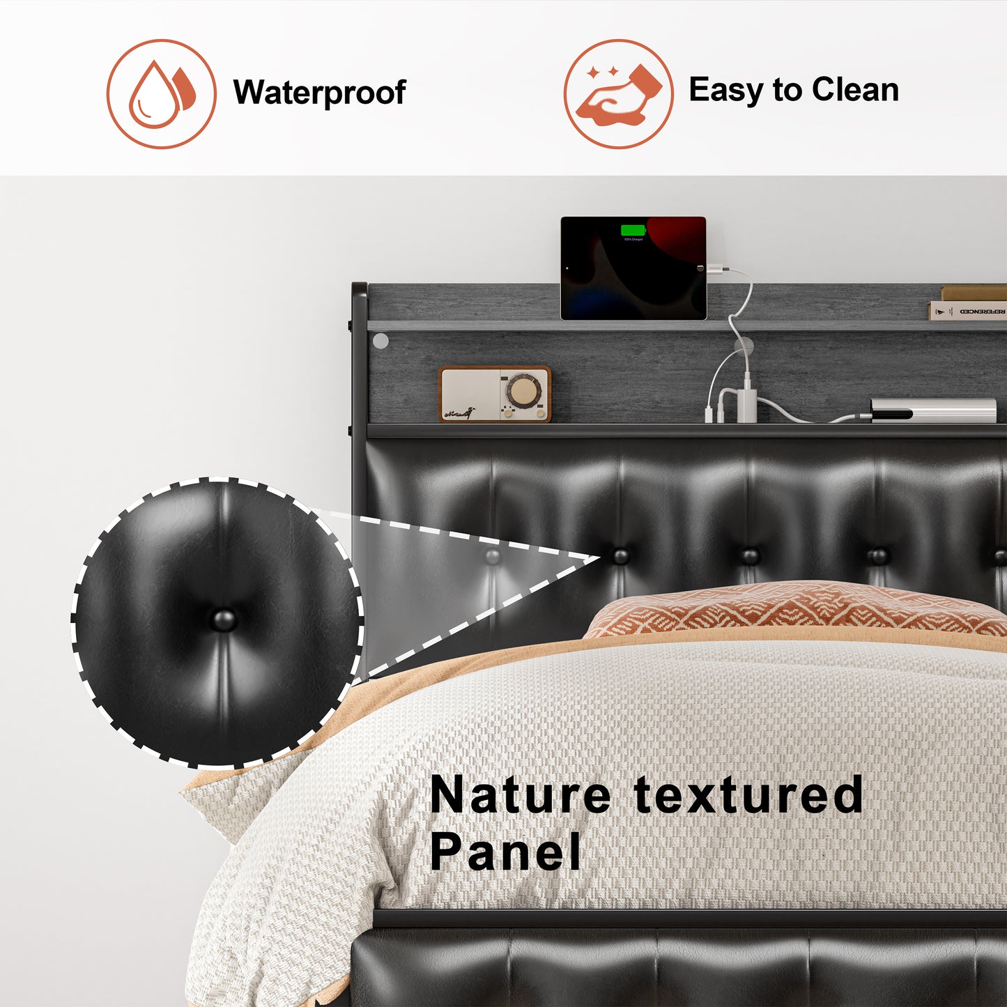 WOWLIVE Bed Frame with Storage Headboard, Metal Platform Bed Frame, Storage Bed with Charging Station and LED Light