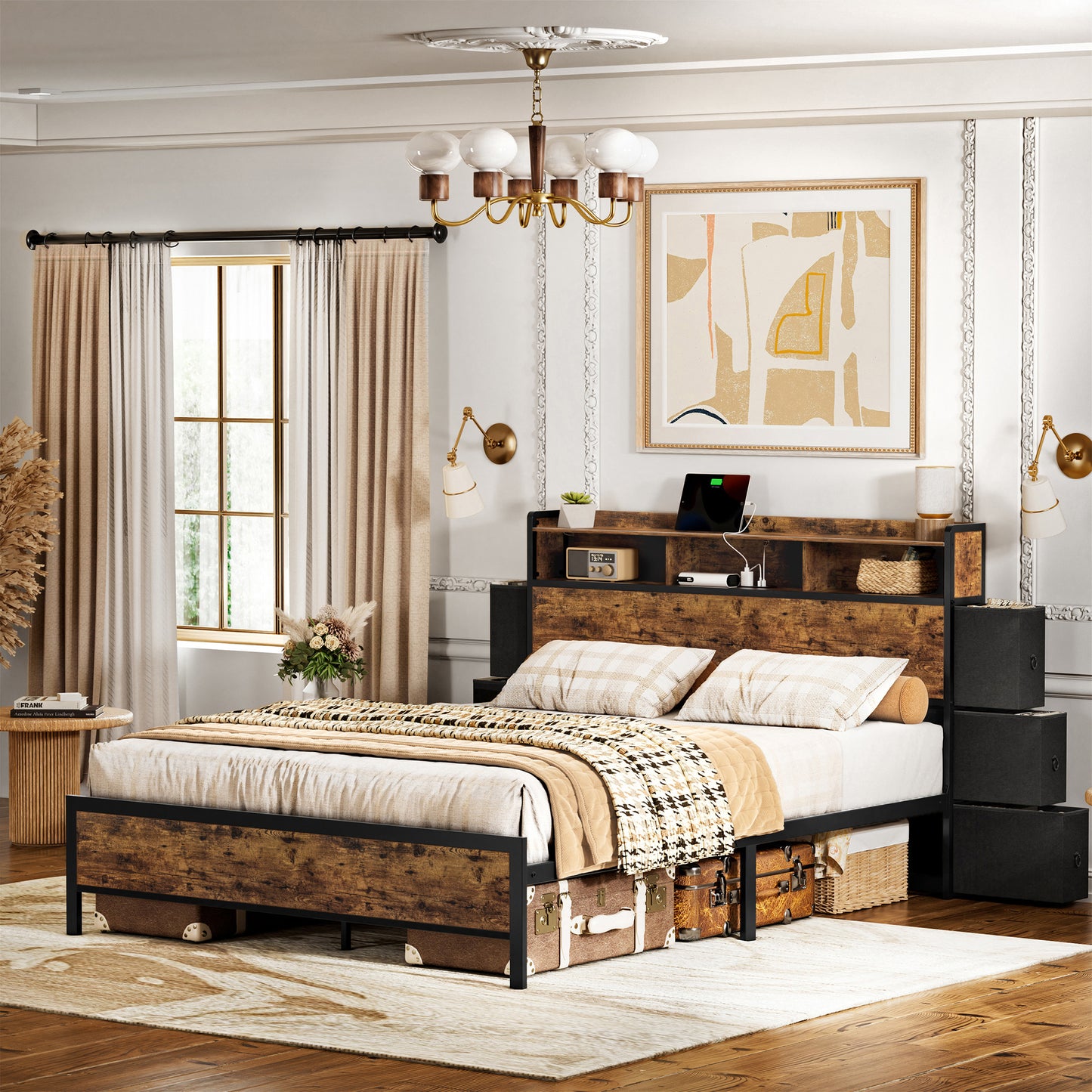 WOWLIVE Bed Frame With Bookcase Headboard & 6 Storage Bedside Drawers, Storage Bed With Outlet & LED Light