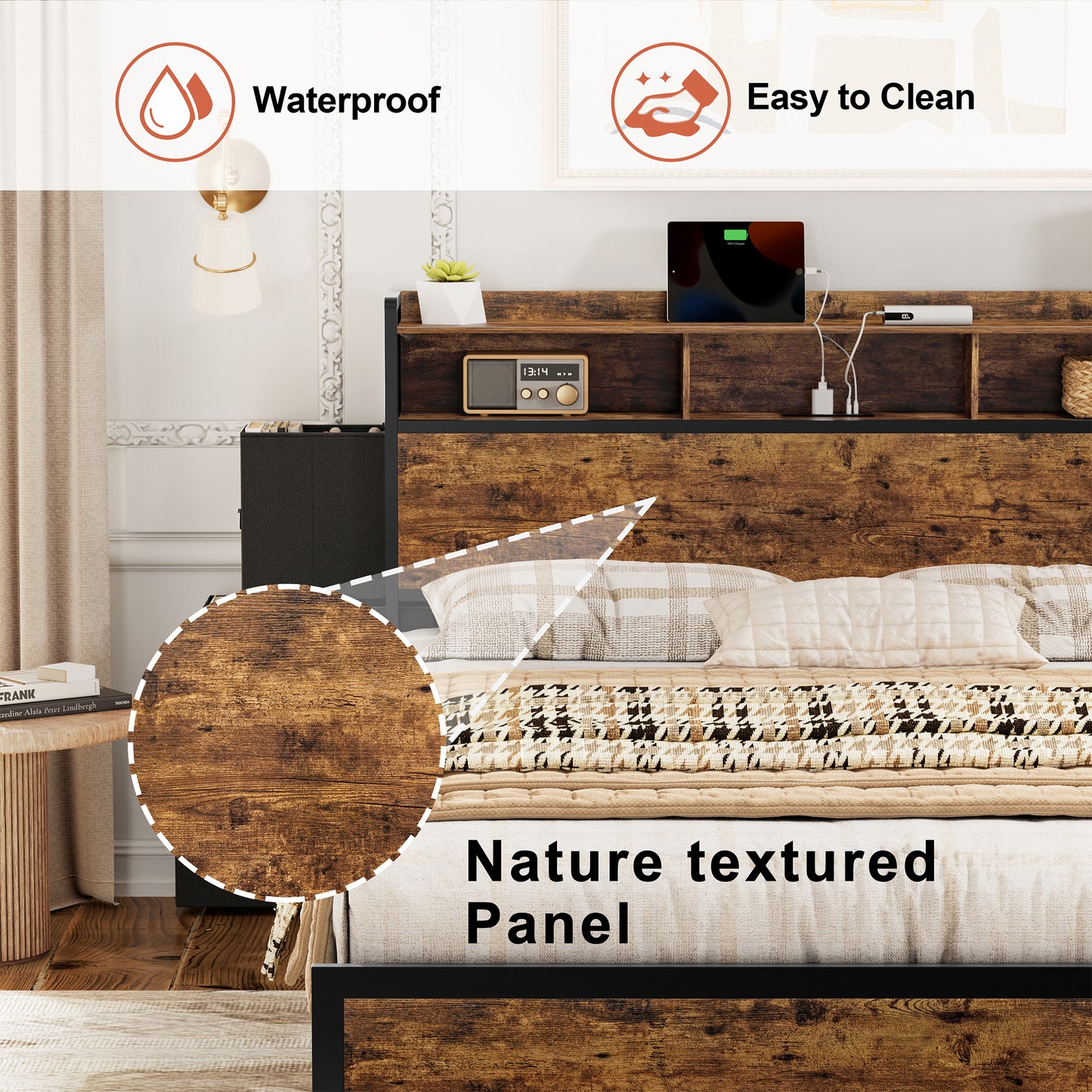 WOWLIVE Bed Frame With Bookcase Headboard & 6 Storage Bedside Drawers, Storage Bed With Outlet & LED Light