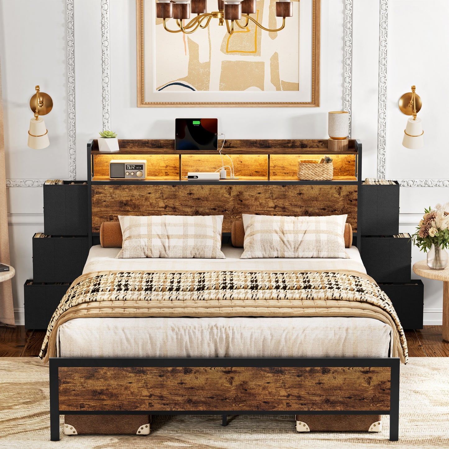 WOWLIVE Bed Frame With Bookcase Headboard & 6 Storage Bedside Drawers, Storage Bed With Outlet & LED Light