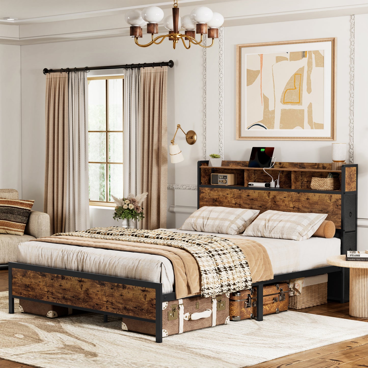 WOWLIVE Bed Frame With Bookcase Headboard & 6 Storage Bedside Drawers, Storage Bed With Outlet & LED Light