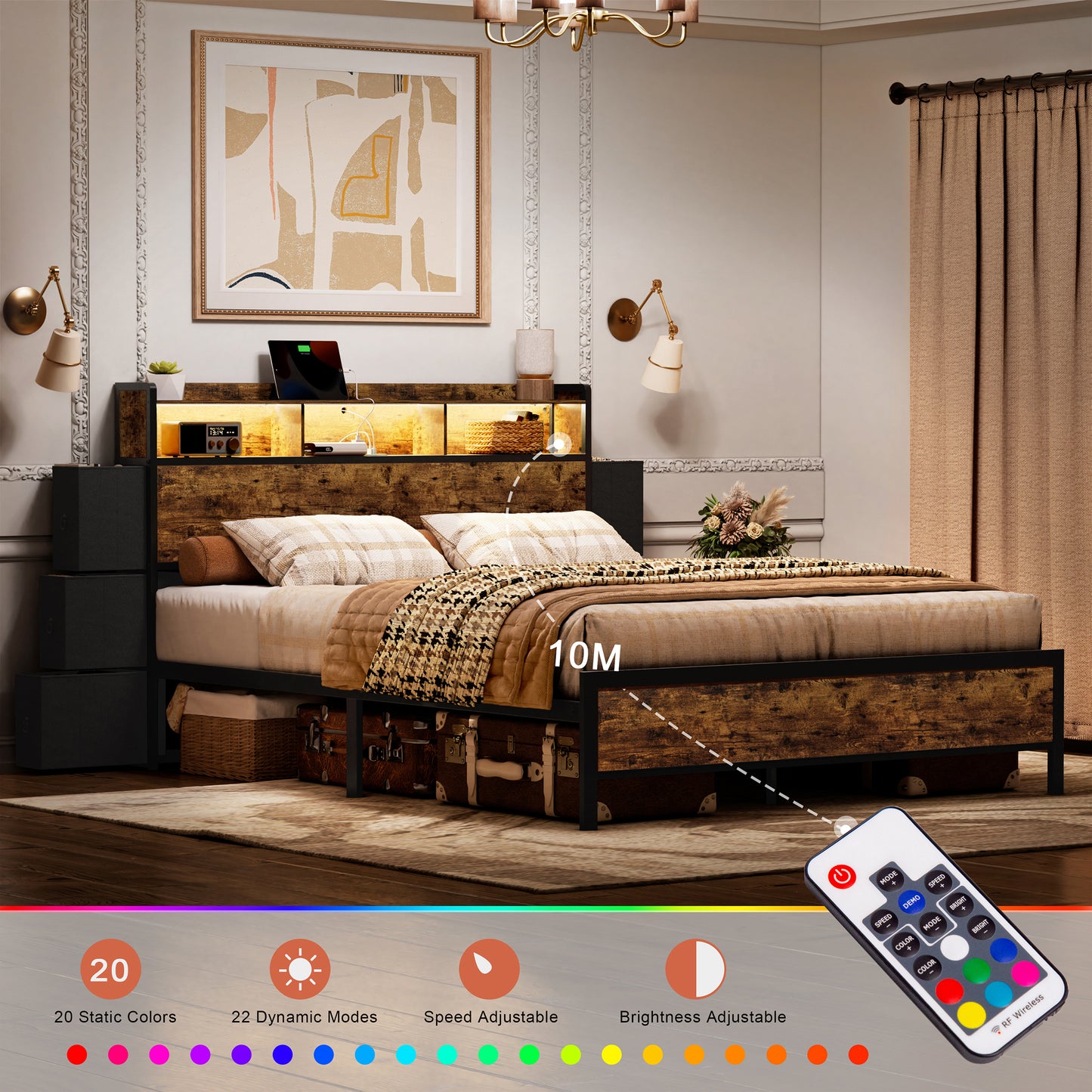 WOWLIVE Bed Frame With Bookcase Headboard & 6 Storage Bedside Drawers, Storage Bed With Outlet & LED Light