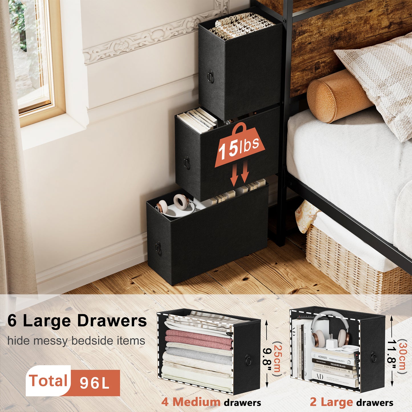WOWLIVE Bed Frame With Bookcase Headboard & 6 Storage Bedside Drawers, Storage Bed With Outlet & LED Light