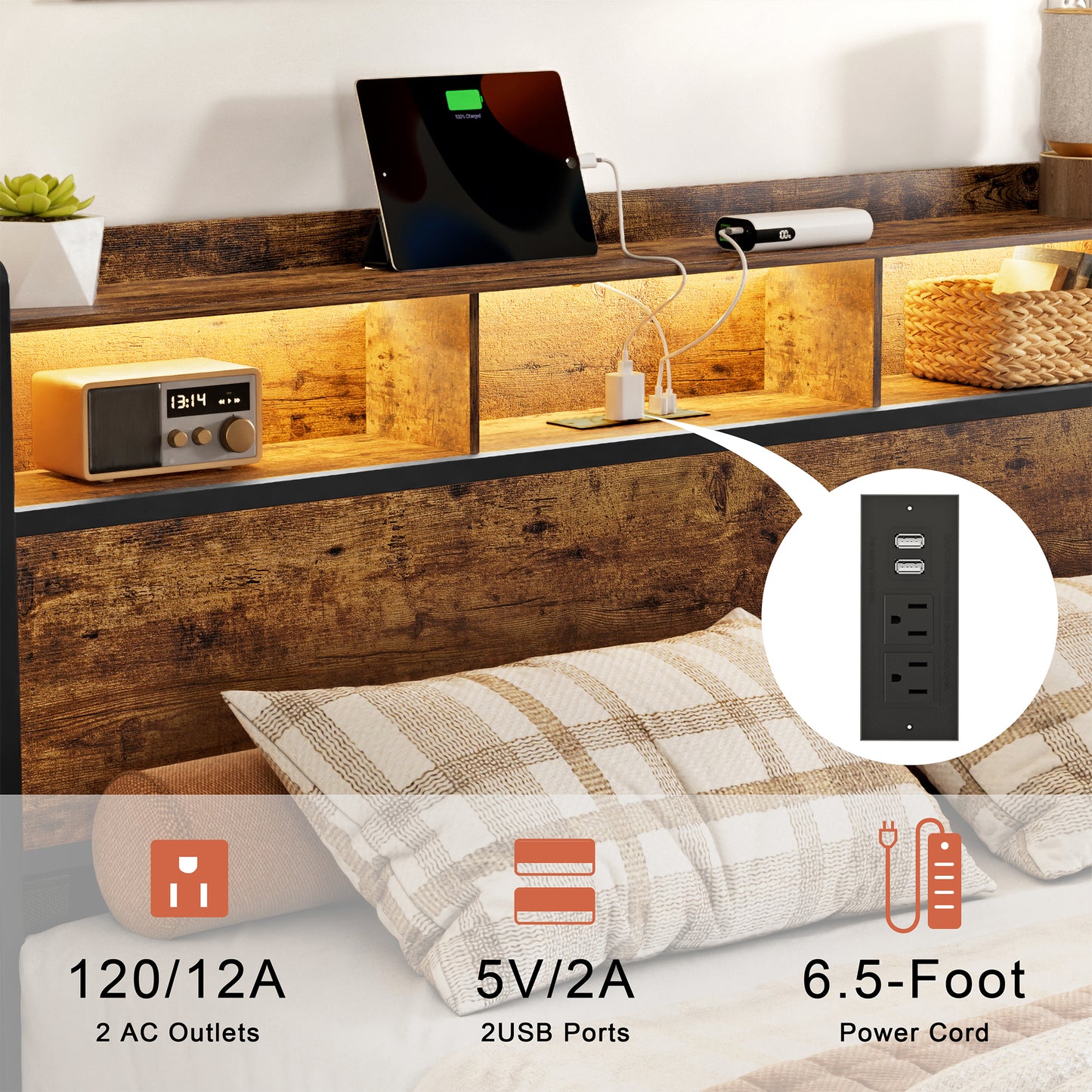 WOWLIVE Bed Frame With Bookcase Headboard & 6 Storage Bedside Drawers, Storage Bed With Outlet & LED Light