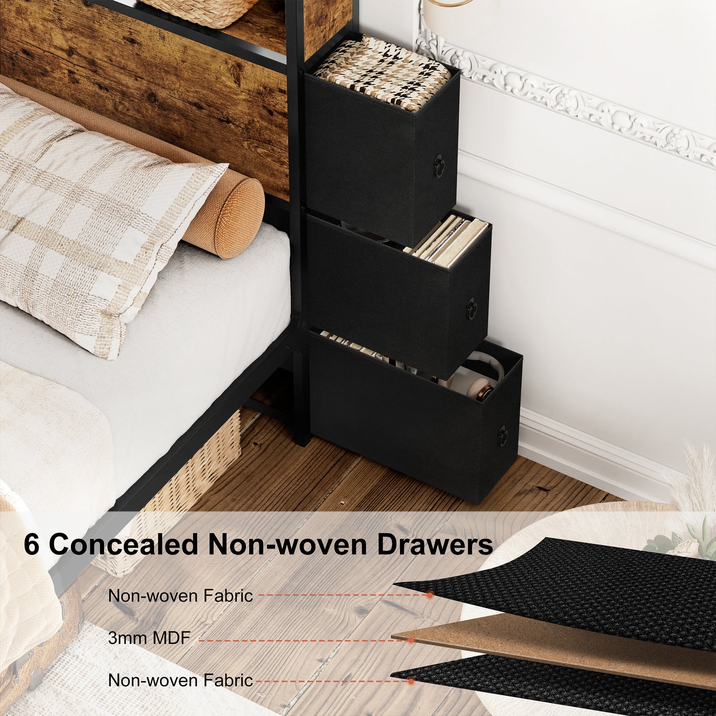 WOWLIVE Bed Frame With Bookcase Headboard & 6 Storage Bedside Drawers, Storage Bed With Outlet & LED Light