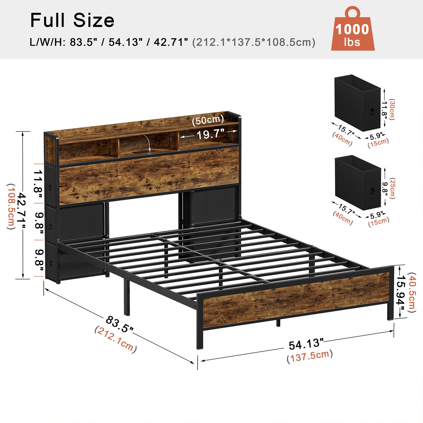 WOWLIVE Bed Frame With Bookcase Headboard & 6 Storage Bedside Drawers, Storage Bed With Outlet & LED Light