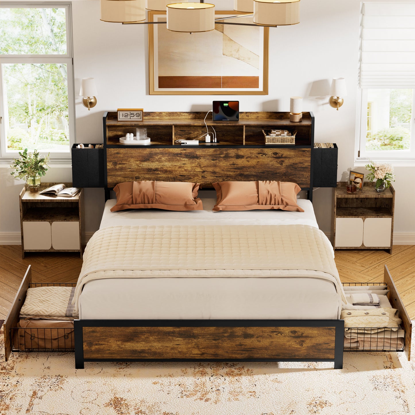 WOWLIVE Bed Frame with 2 Underbed Drawers & 2 Bedside Drawers, Modern Bed with Charging Station & LED Light