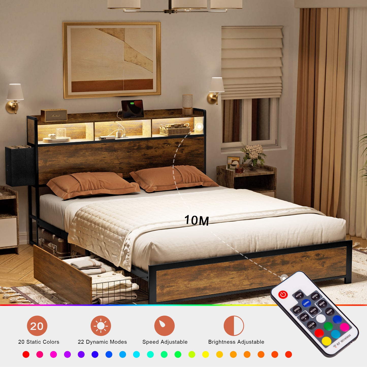 WOWLIVE Bed Frame with 2 Underbed Drawers & 2 Bedside Drawers, Modern Bed with Charging Station & LED Light