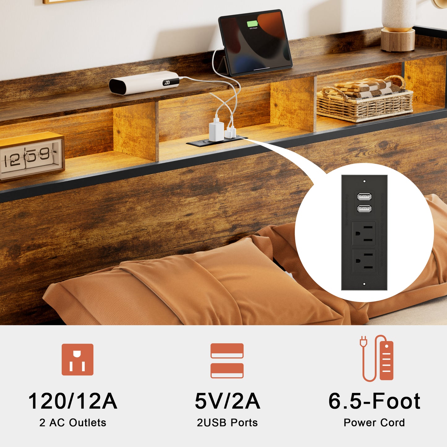 WOWLIVE Bed Frame with 2 Underbed Drawers & 2 Bedside Drawers, Modern Bed with Charging Station & LED Light