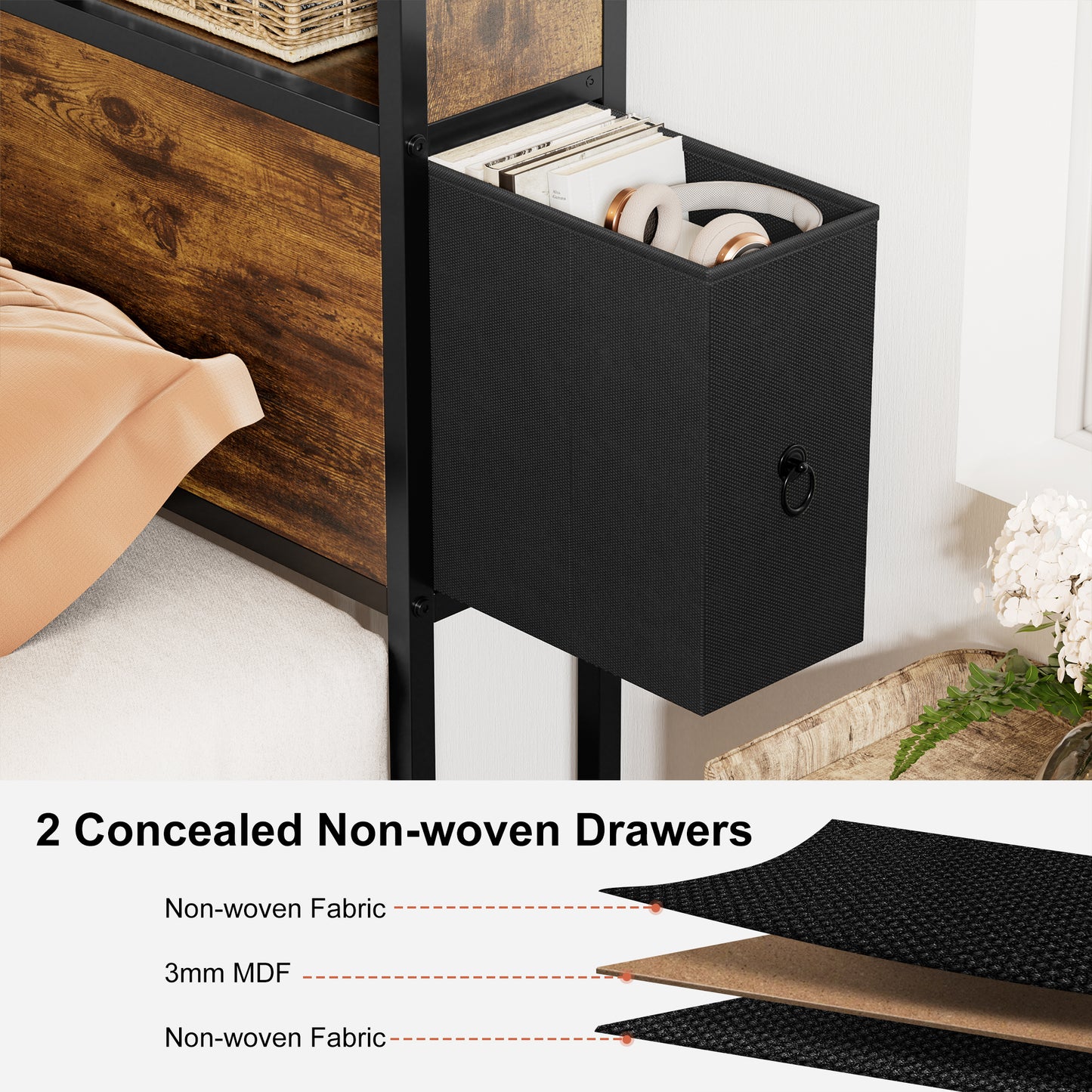 WOWLIVE Bed Frame with 2 Underbed Drawers & 2 Bedside Drawers, Modern Bed with Charging Station & LED Light