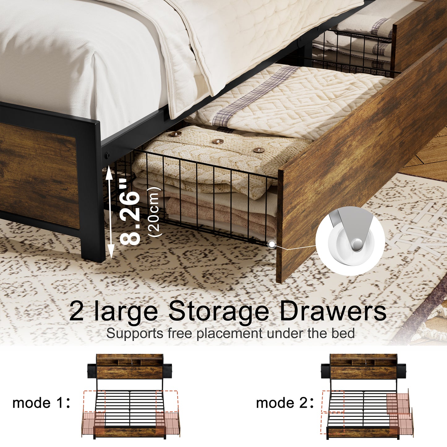 WOWLIVE Bed Frame with 2 Underbed Drawers & 2 Bedside Drawers, Modern Bed with Charging Station & LED Light
