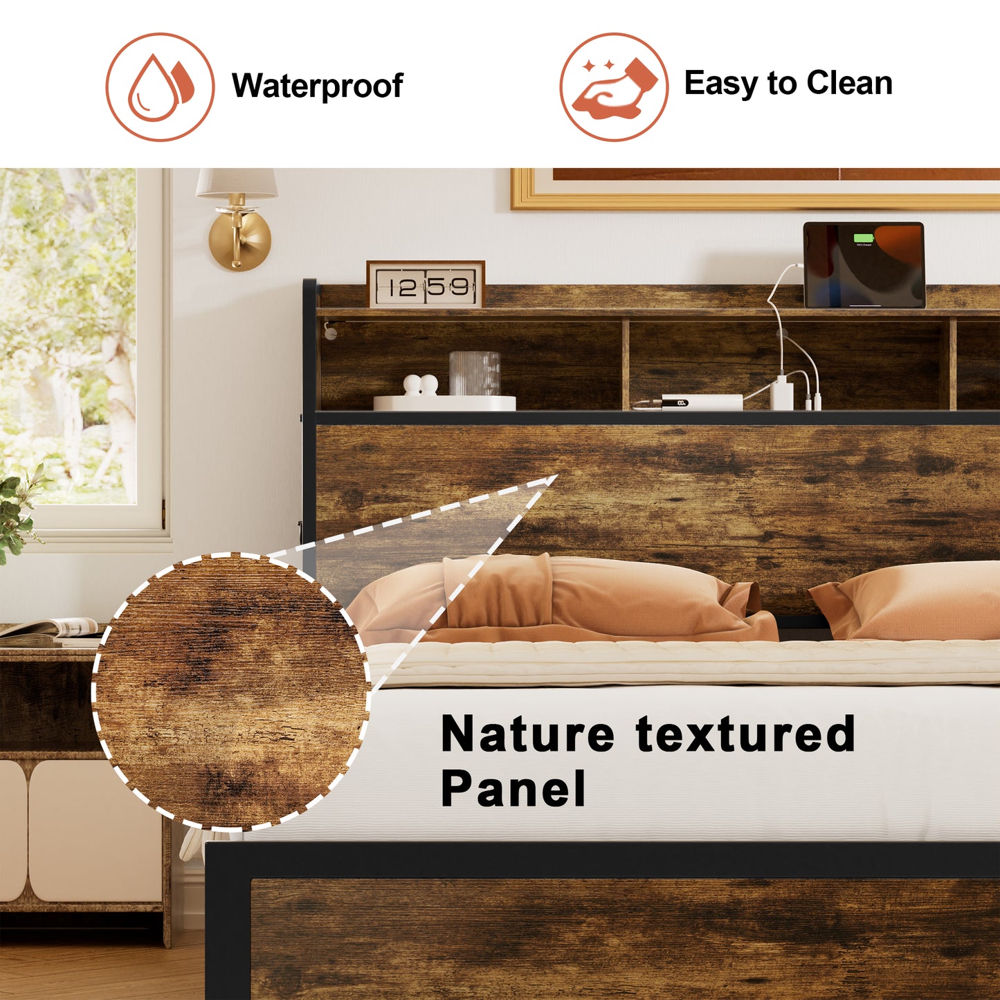 WOWLIVE Bed Frame with 2 Underbed Drawers & 2 Bedside Drawers, Modern Bed with Charging Station & LED Light