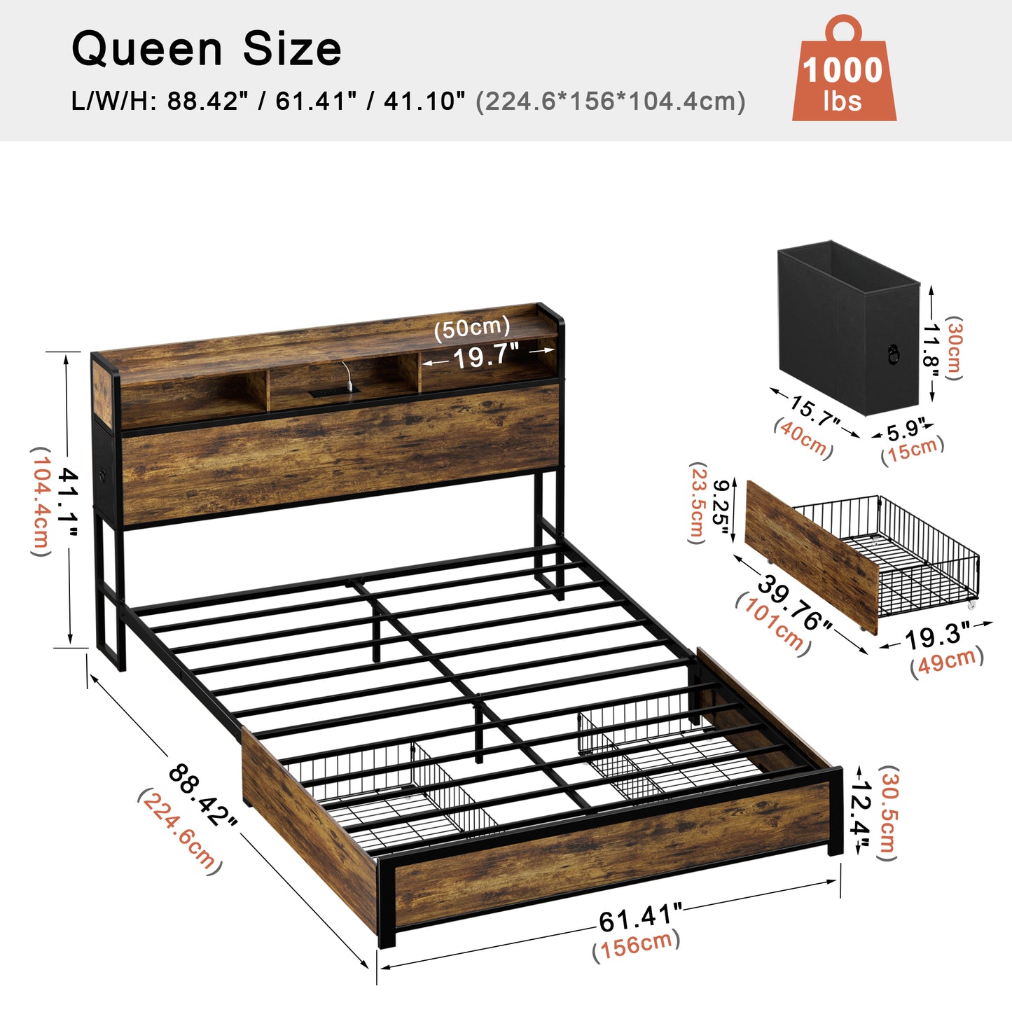 WOWLIVE Bed Frame with 2 Underbed Drawers & 2 Bedside Drawers, Modern Bed with Charging Station & LED Light