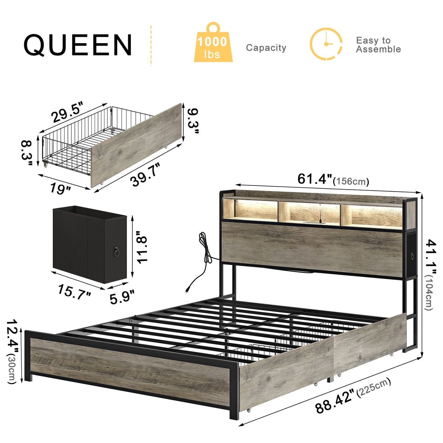 WOWLIVE Bed Frame with 2 Underbed Drawers & 2 Bedside Drawers, Modern Bed with Charging Station & LED Light