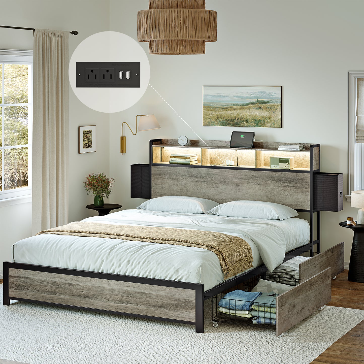 WOWLIVE Bed Frame with 2 Underbed Drawers & 2 Bedside Drawers, Modern Bed with Charging Station & LED Light