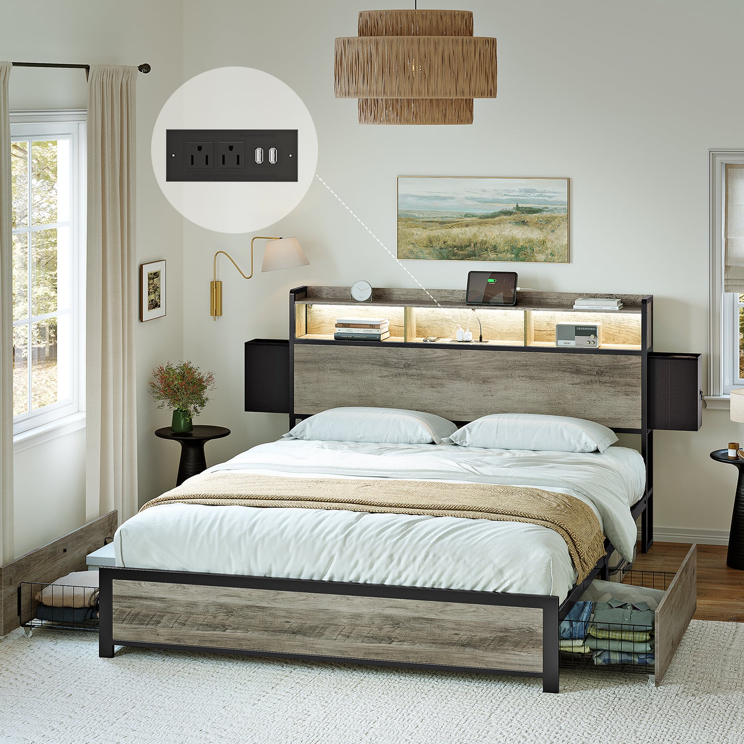 WOWLIVE Bed Frame with 2 Underbed Drawers & 2 Bedside Drawers, Modern Bed with Charging Station & LED Light