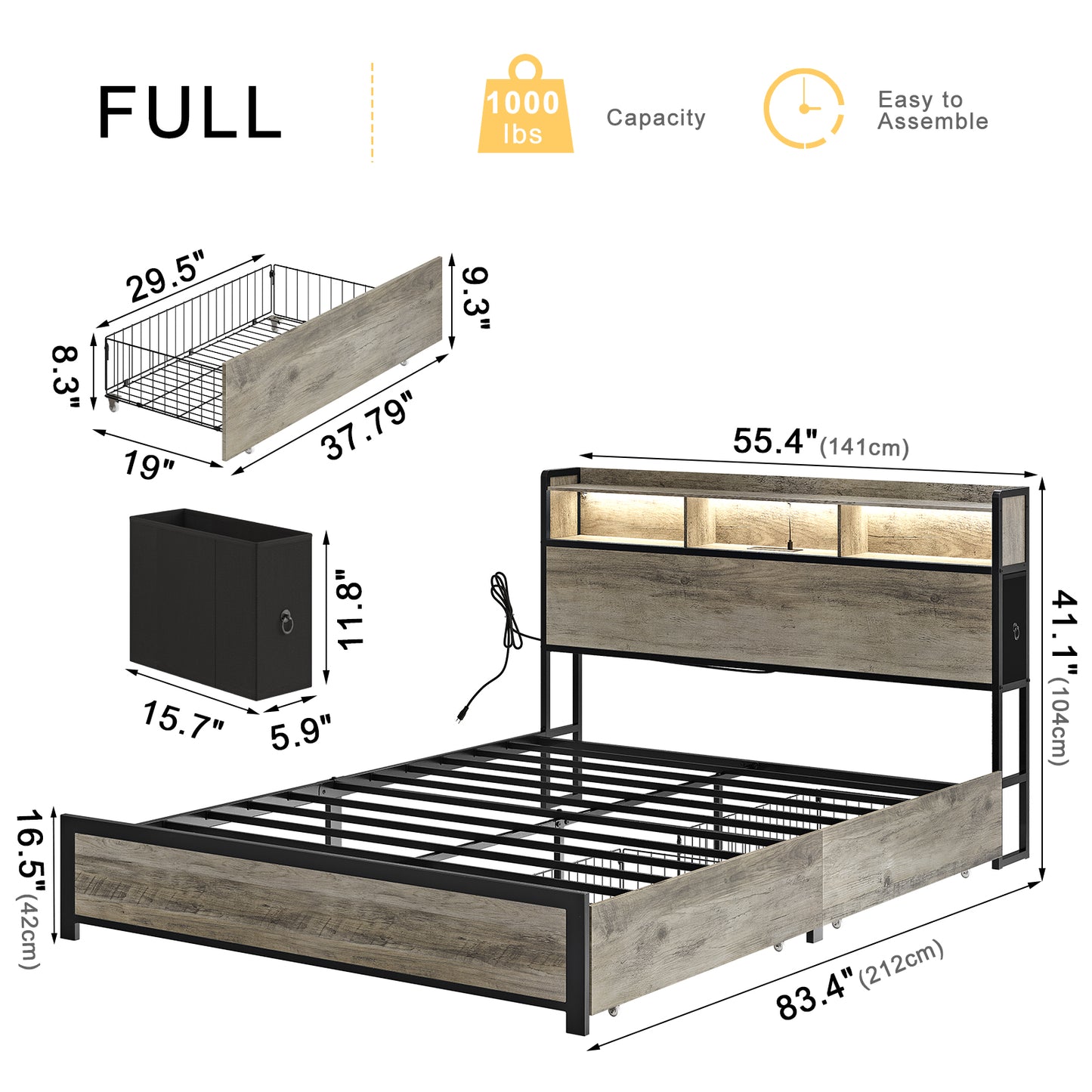WOWLIVE Bed Frame with 2 Underbed Drawers & 2 Bedside Drawers, Modern Bed with Charging Station & LED Light