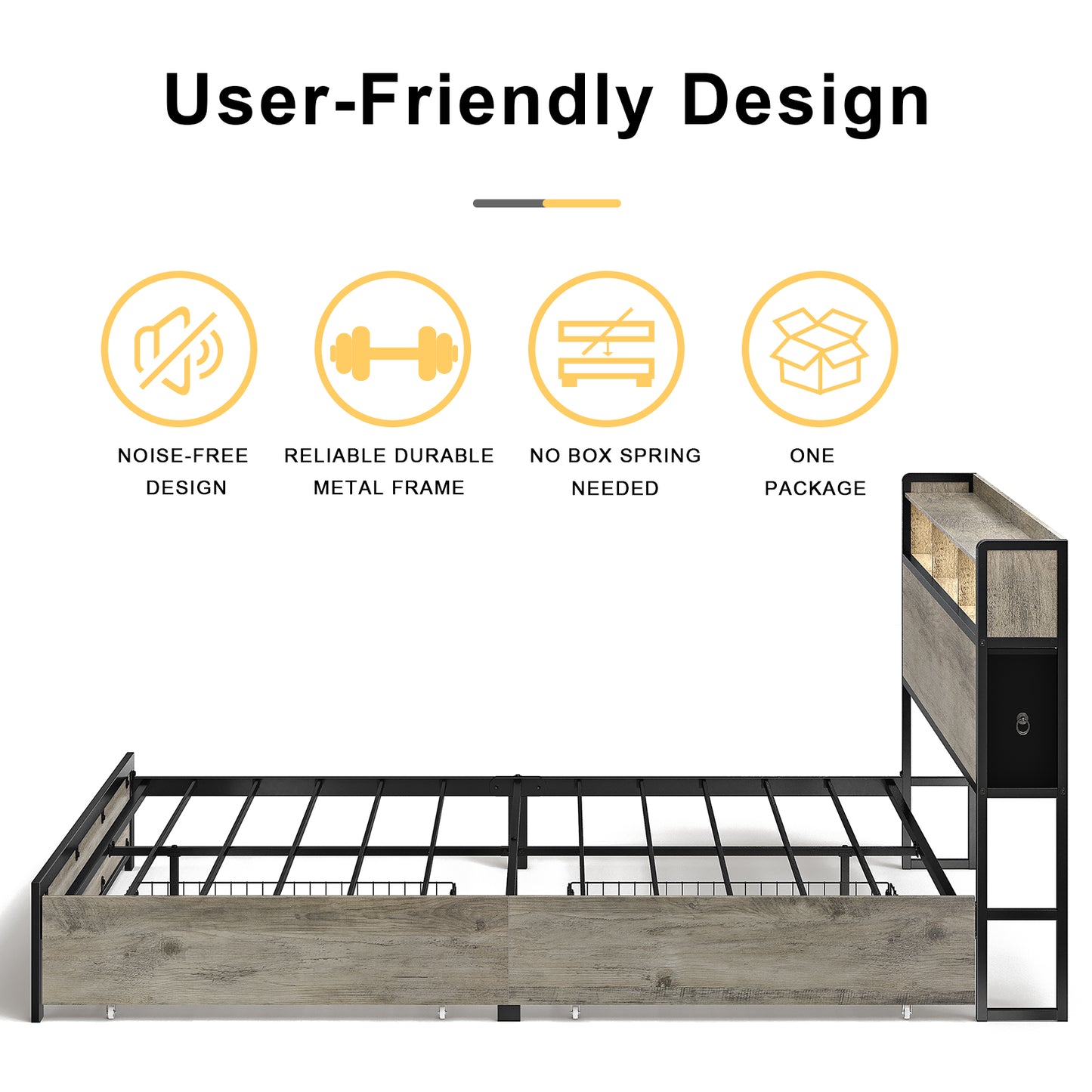 WOWLIVE Bed Frame with 2 Underbed Drawers & 2 Bedside Drawers, Modern Bed with Charging Station & LED Light