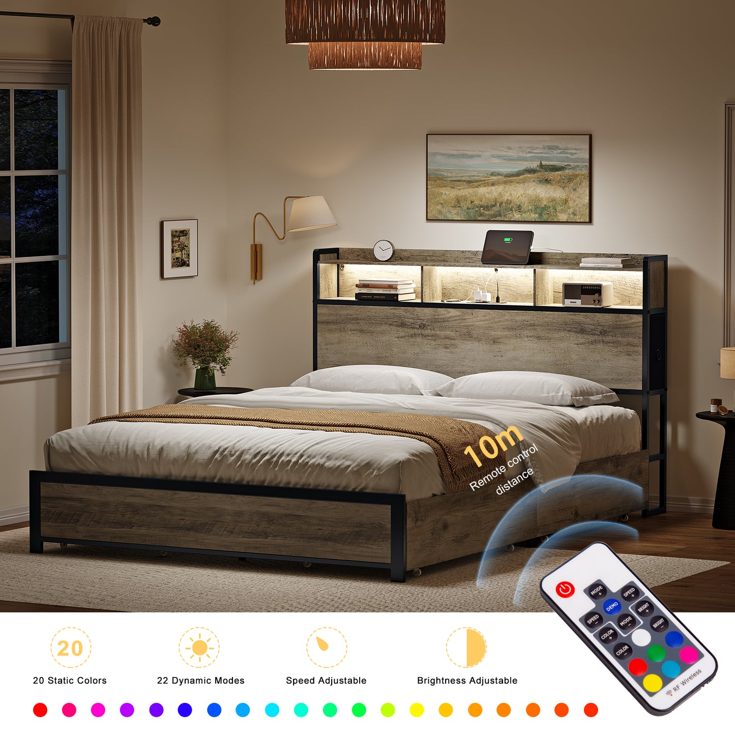 WOWLIVE Bed Frame with 2 Underbed Drawers & 2 Bedside Drawers, Modern Bed with Charging Station & LED Light