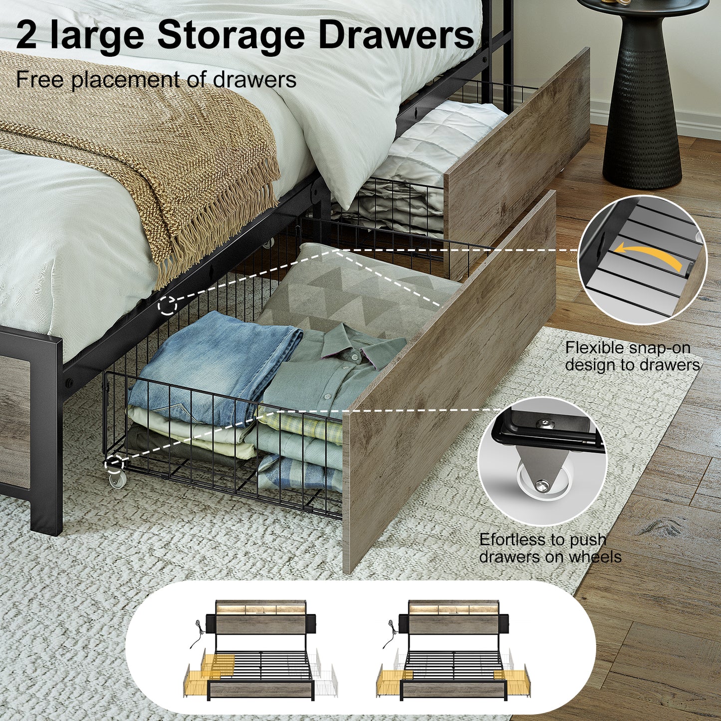 WOWLIVE Bed Frame with 2 Underbed Drawers & 2 Bedside Drawers, Modern Bed with Charging Station & LED Light