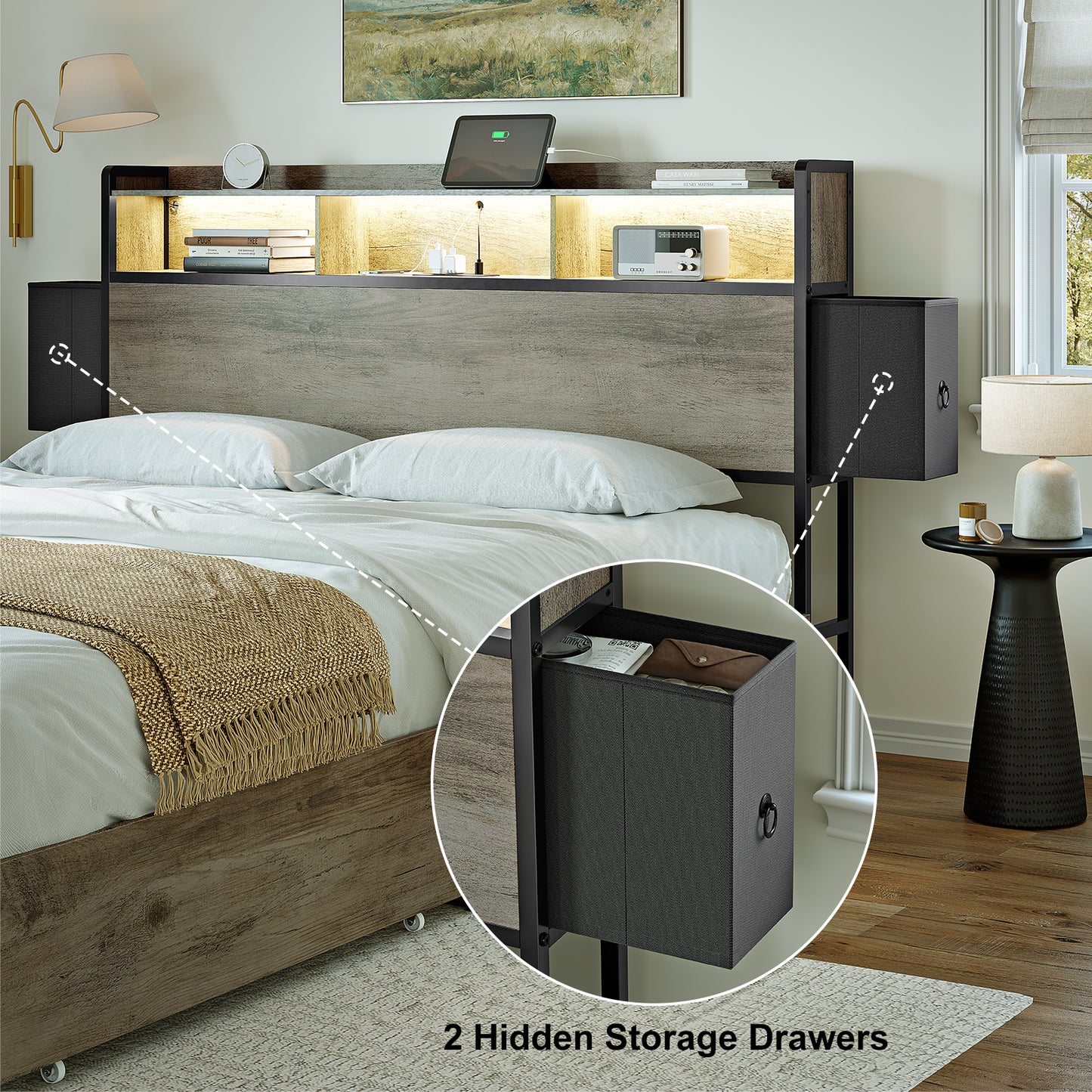 WOWLIVE Bed Frame with 2 Underbed Drawers & 2 Bedside Drawers, Modern Bed with Charging Station & LED Light
