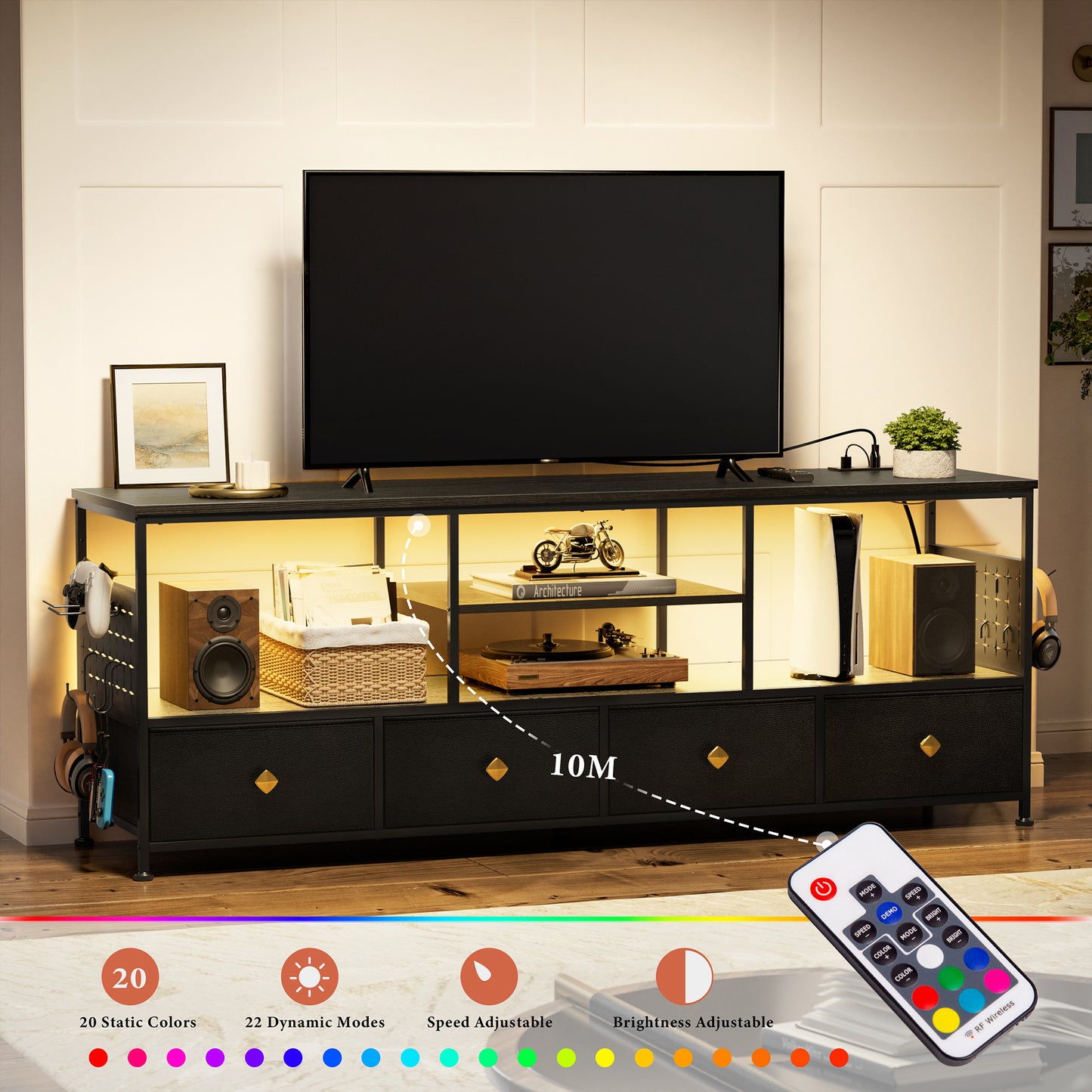 WOWLIVE TV Stand for TVs up to 70", Large LED Media Console with Charging Station