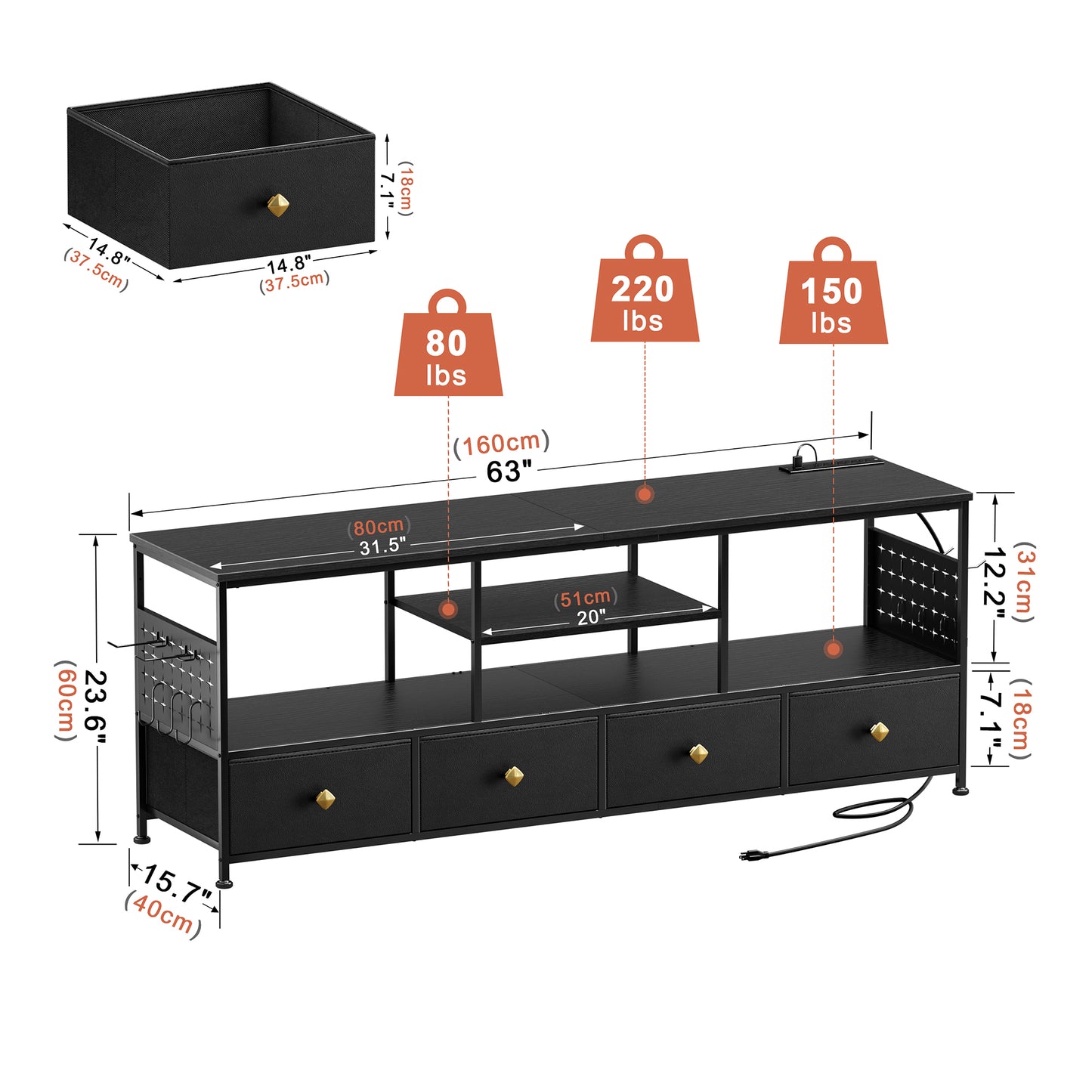 WOWLIVE TV Stand for TVs up to 70", Large LED Media Console with Charging Station