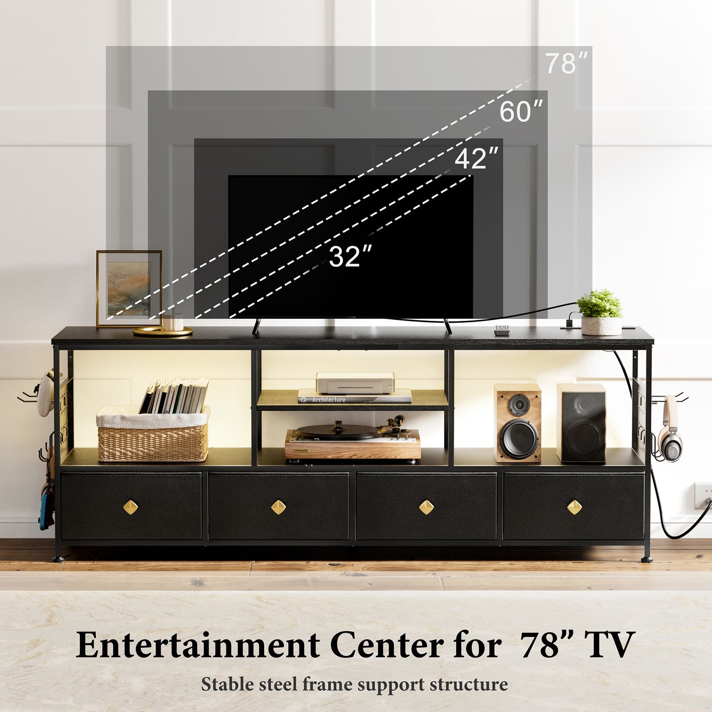 WOWLIVE TV Stand for TVs up to 70", Large LED Media Console with Charging Station
