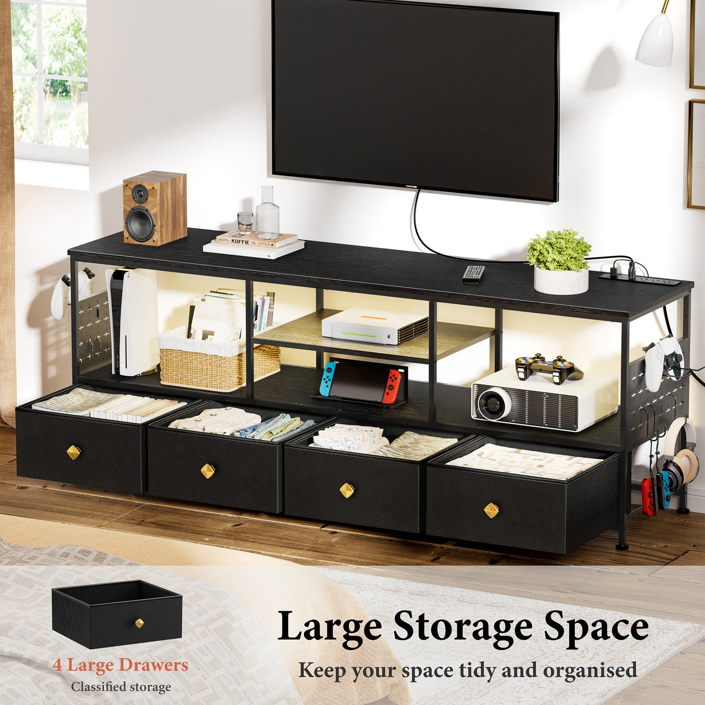 WOWLIVE TV Stand for TVs up to 70", Large LED Media Console with Charging Station