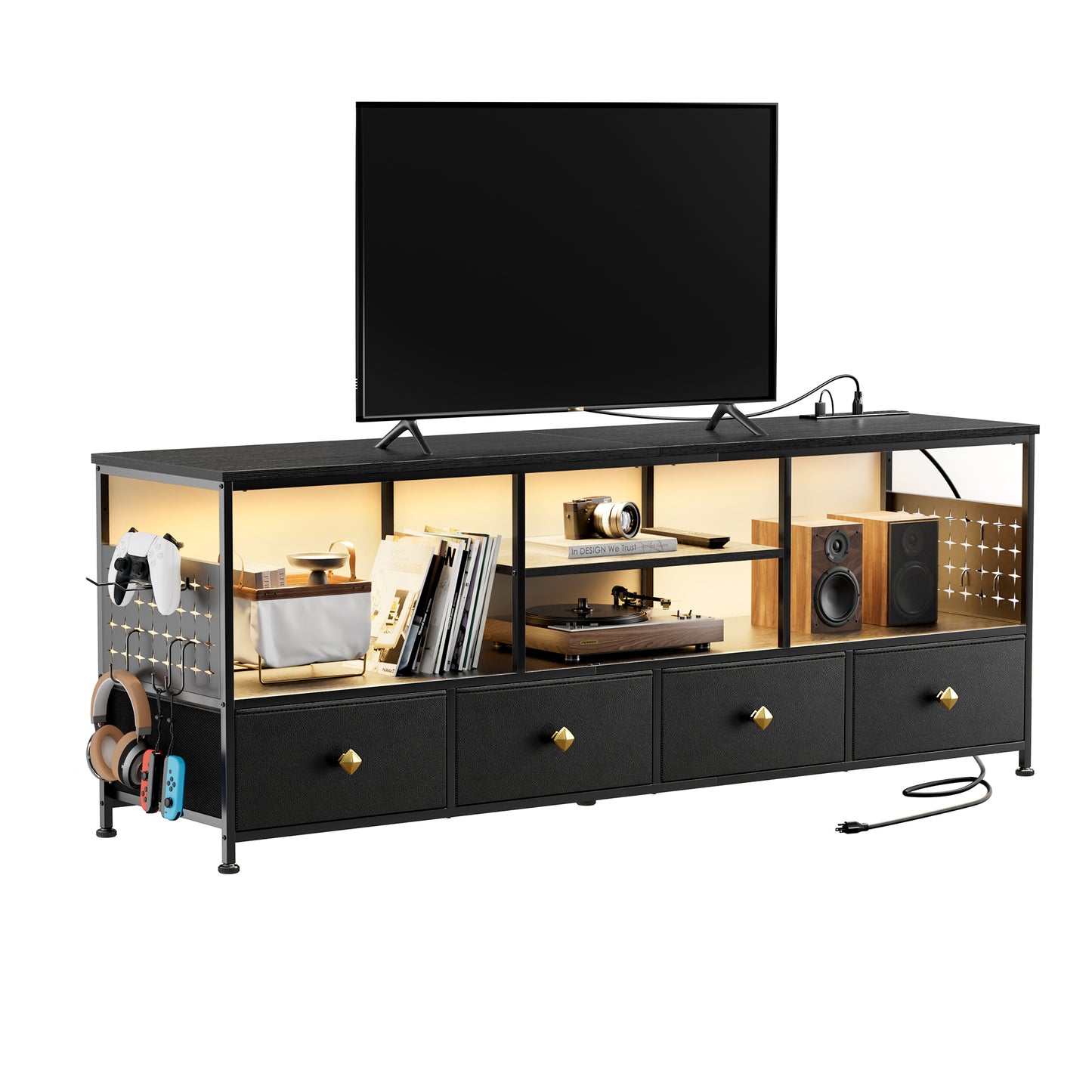 WOWLIVE TV Stand for TVs up to 70", Large LED Media Console with Charging Station