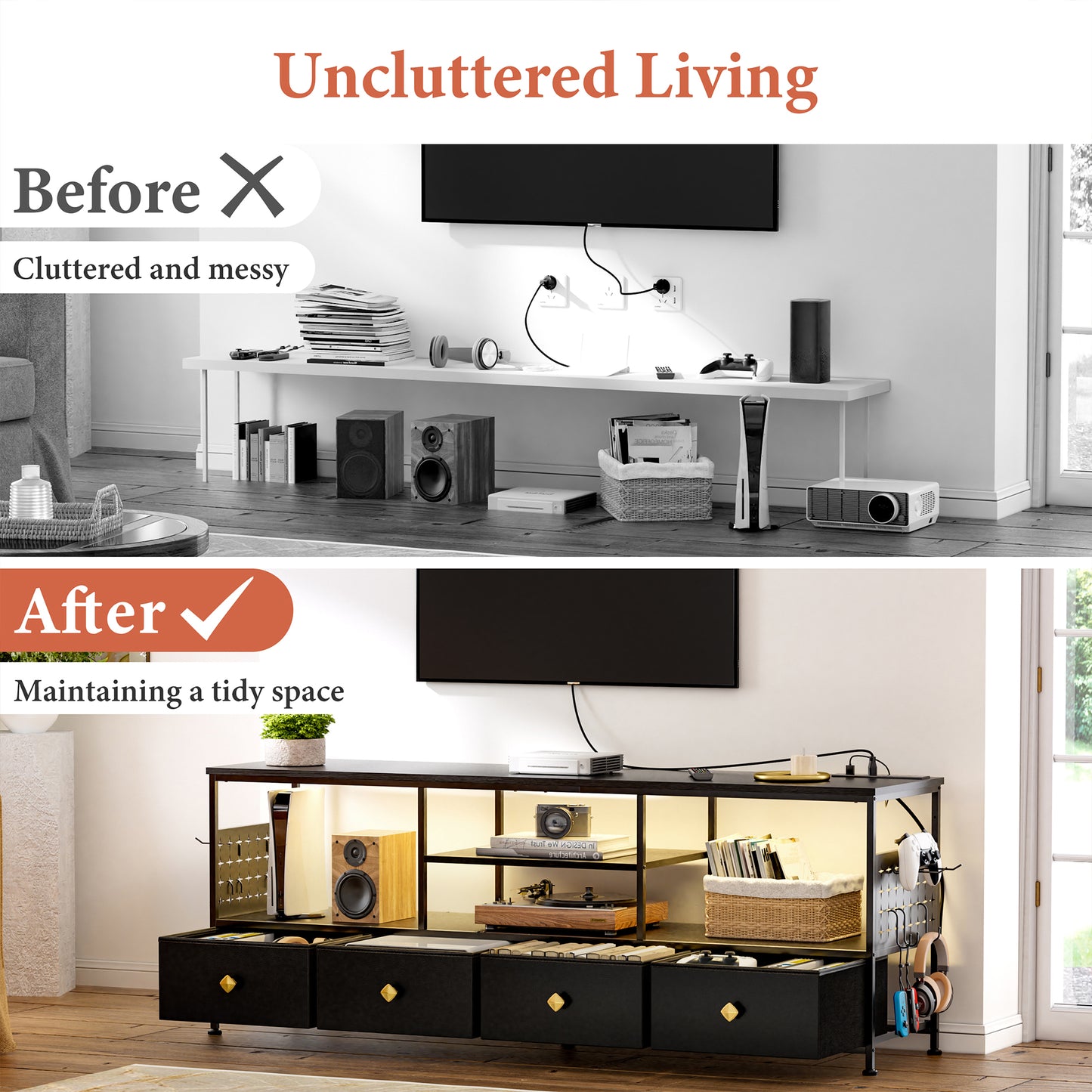 WOWLIVE TV Stand for TVs up to 70", Large LED Media Console with Charging Station