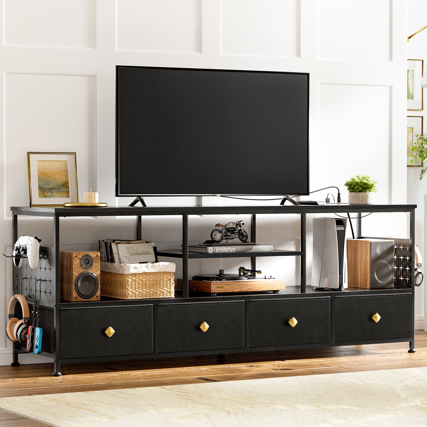 WOWLIVE TV Stand for TVs up to 70", Large LED Media Console with Charging Station