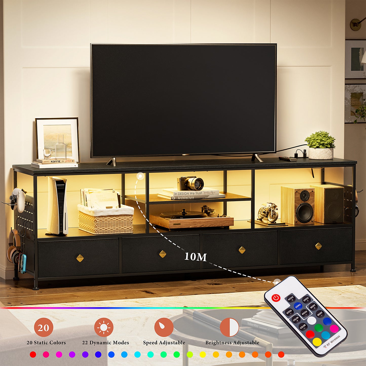 WOWLIVE TV Stand for TVs up to 70", Large LED Media Console with Charging Station