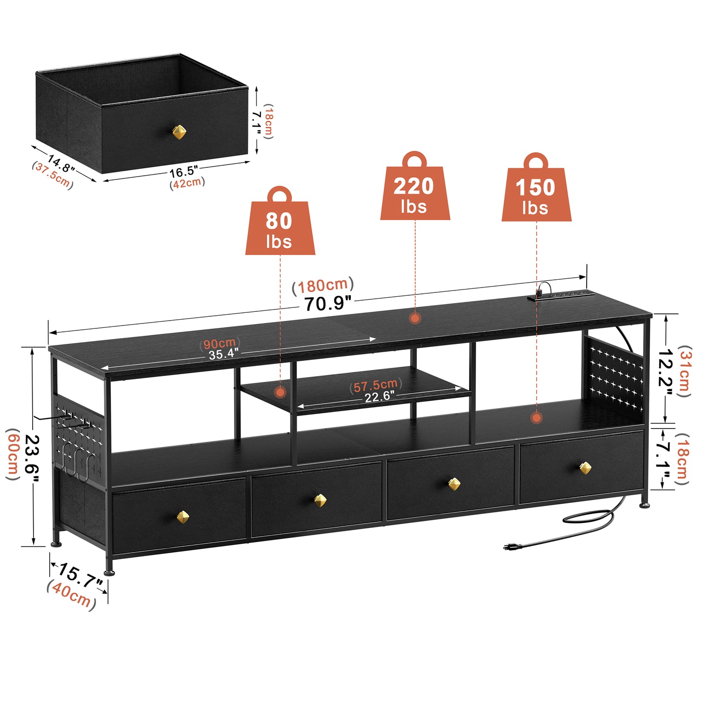 WOWLIVE TV Stand for TVs up to 70", Large LED Media Console with Charging Station