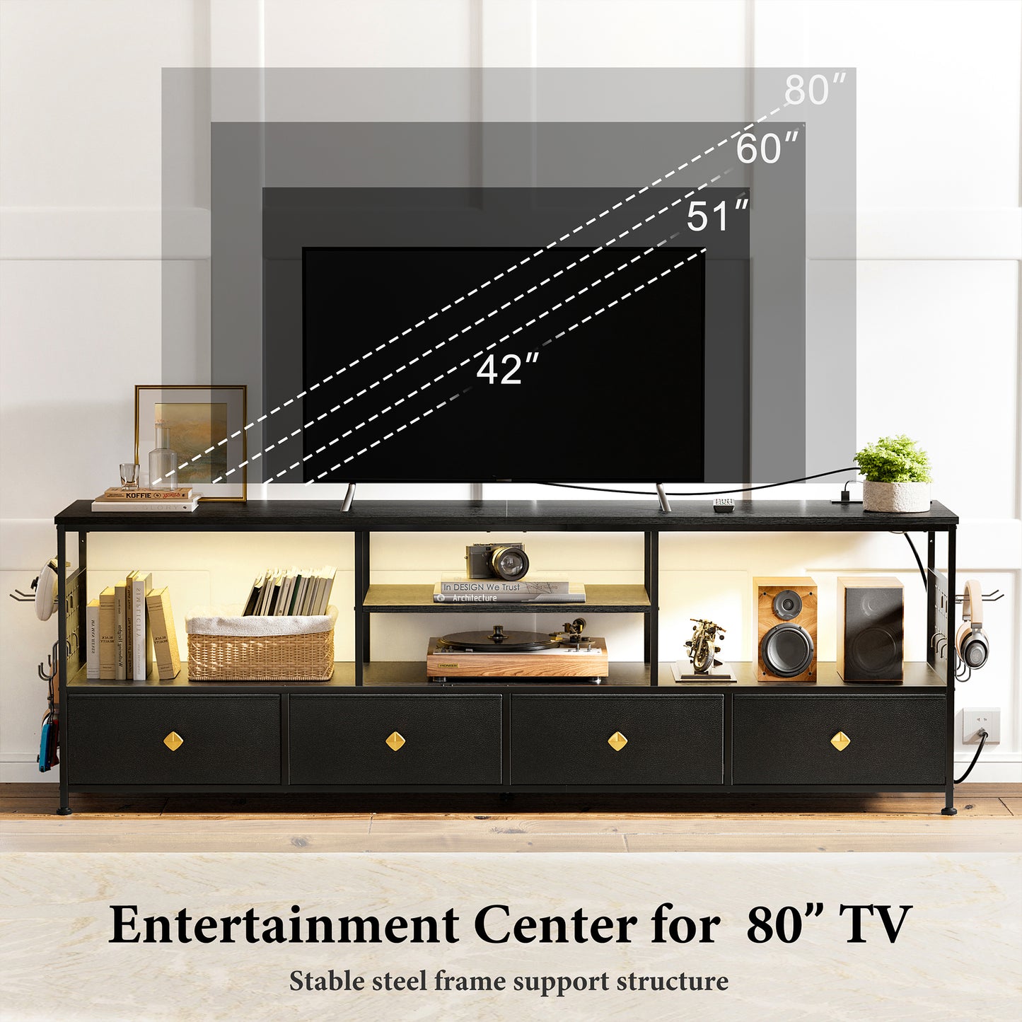 WOWLIVE TV Stand for TVs up to 70", Large LED Media Console with Charging Station