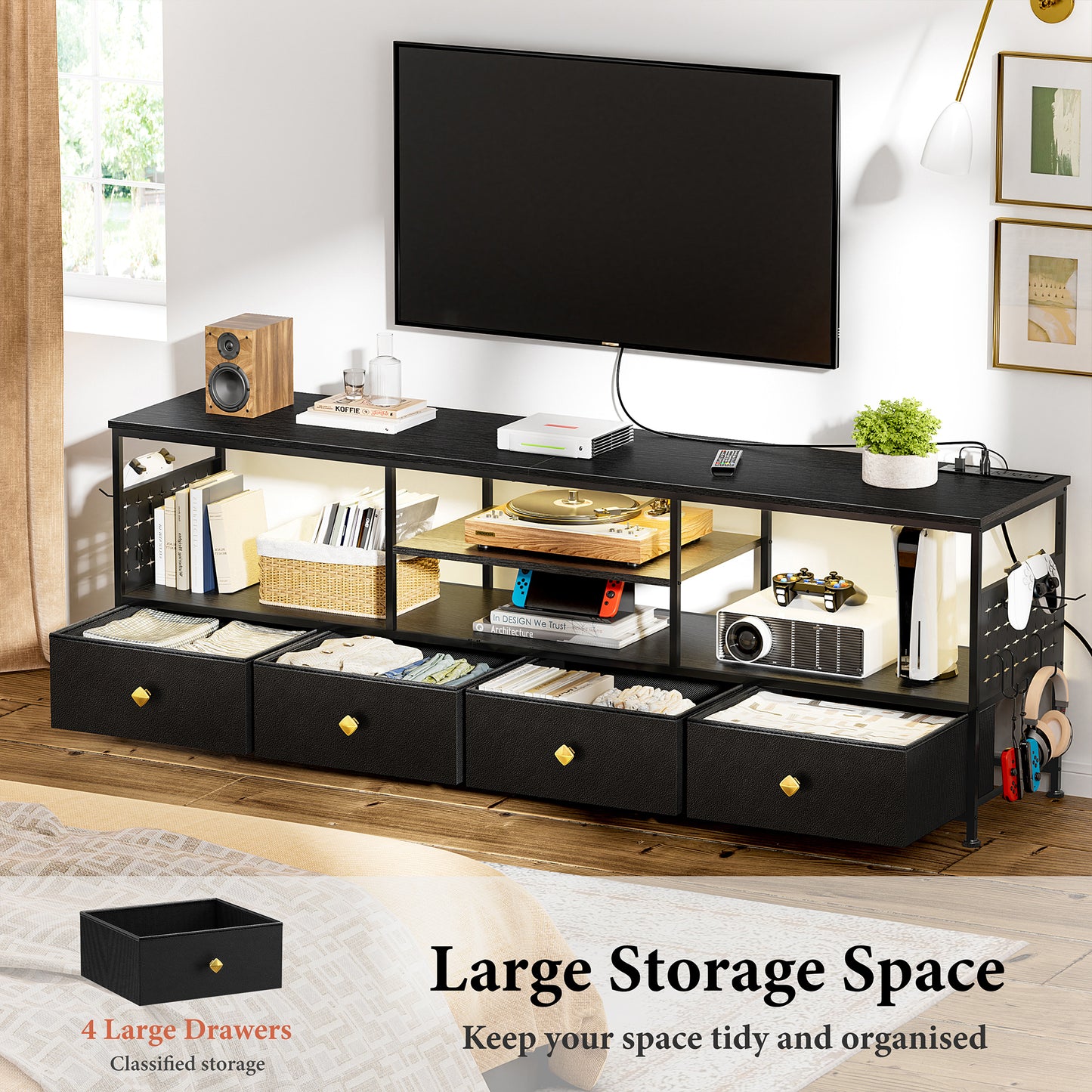 WOWLIVE TV Stand for TVs up to 70", Large LED Media Console with Charging Station