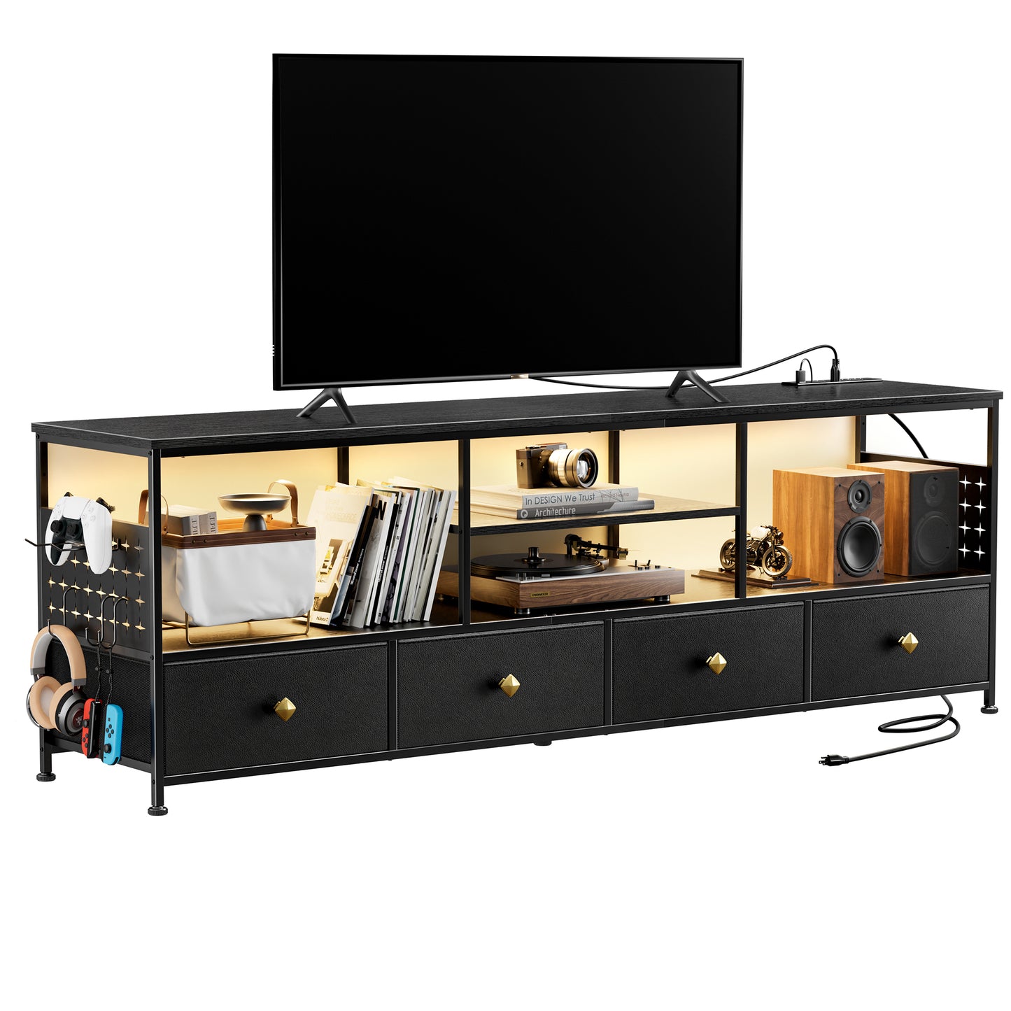 WOWLIVE TV Stand for TVs up to 70", Large LED Media Console with Charging Station