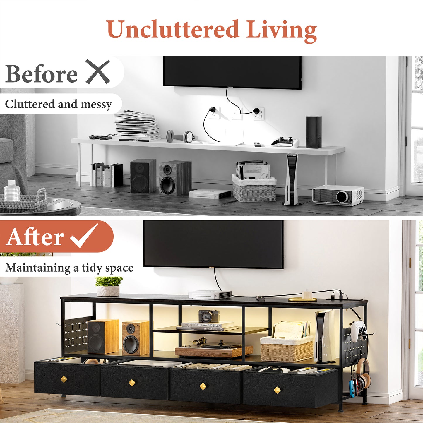 WOWLIVE TV Stand for TVs up to 70", Large LED Media Console with Charging Station
