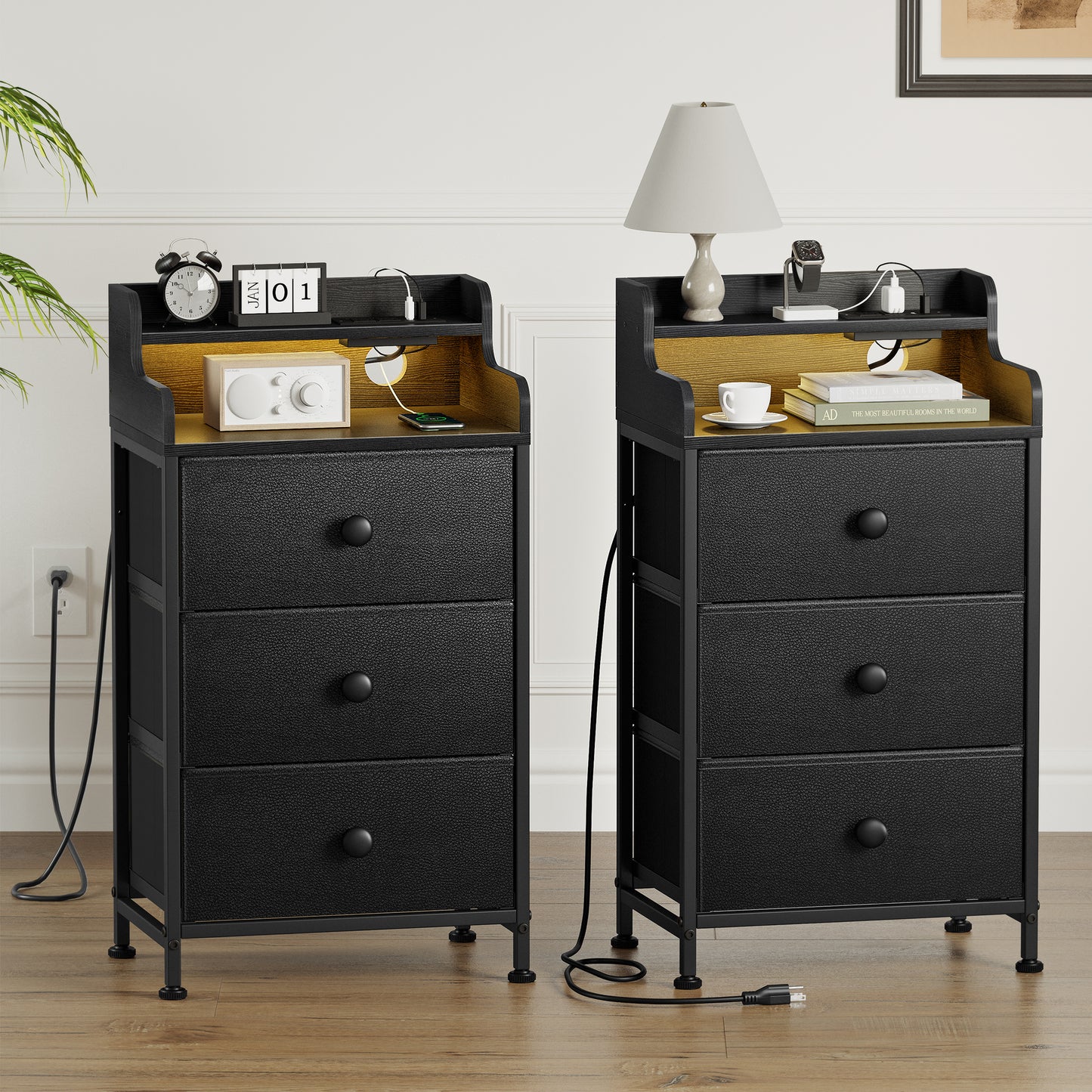 WOWLIVE Nightstand With 3 Drawers & 2-Tier Open Shelf, Bedside Table With LED& 2 USB Ports, Stable Metal Frame