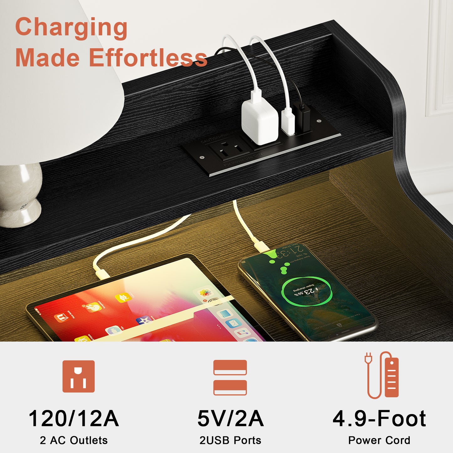 WOWLIVE Nightstand With 3 Drawers & 2-Tier Open Shelf, Bedside Table With LED& 2 USB Ports, Stable Metal Frame