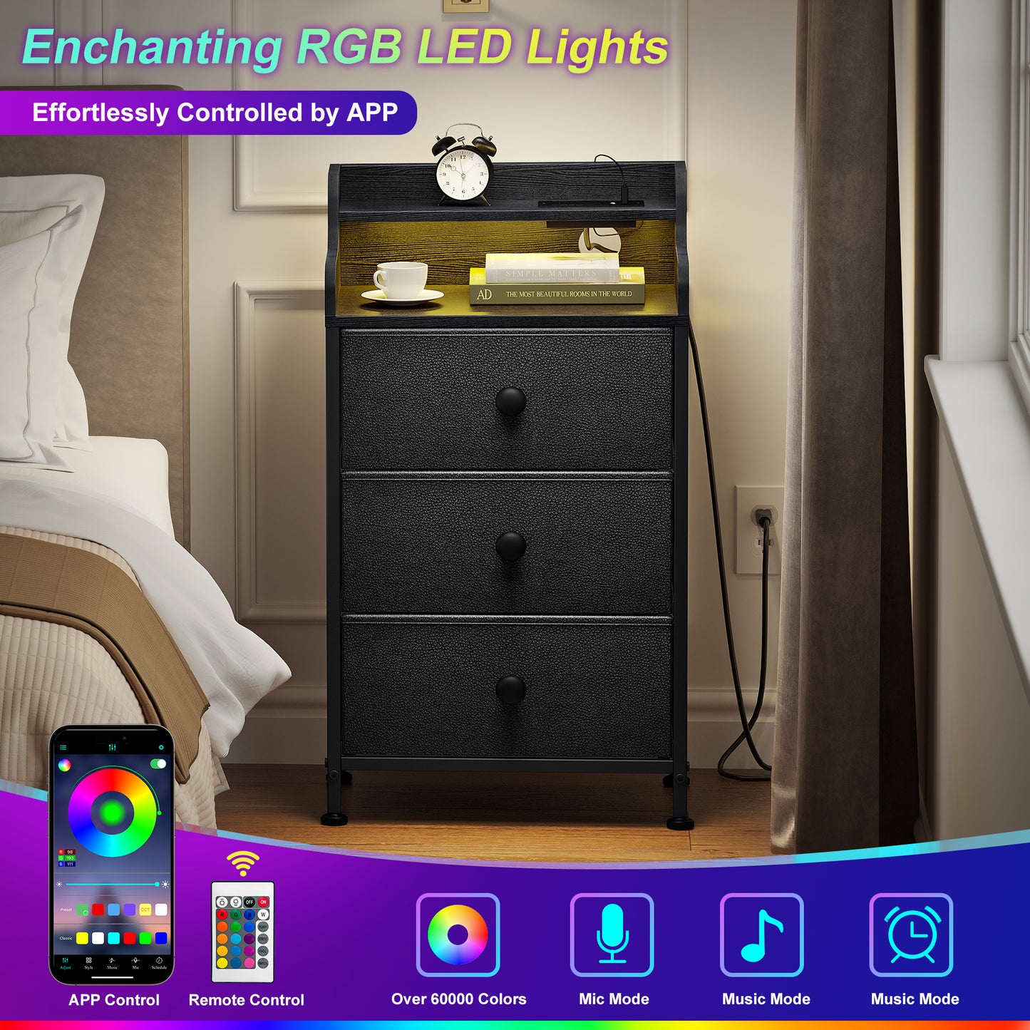 WOWLIVE Nightstand With 3 Drawers & 2-Tier Open Shelf, Bedside Table With LED& 2 USB Ports, Stable Metal Frame