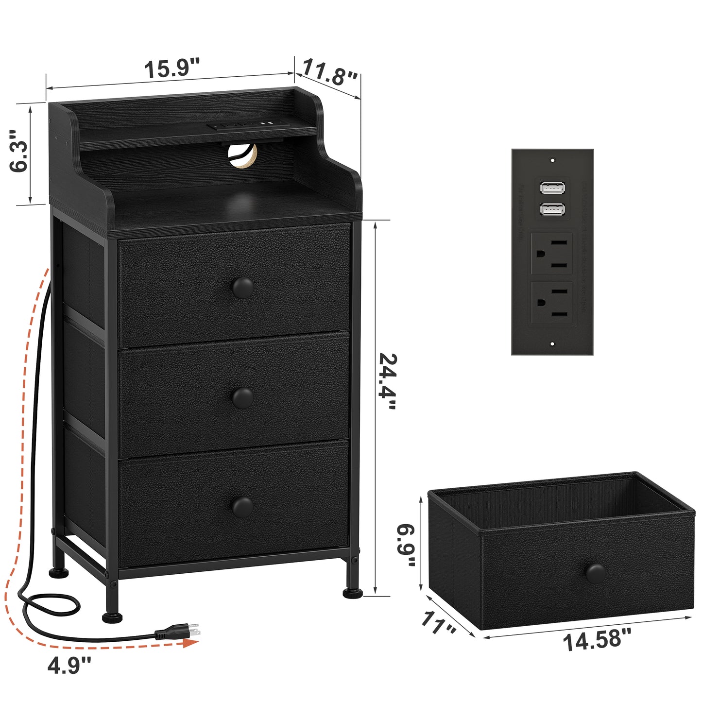 WOWLIVE Nightstand With 3 Drawers & 2-Tier Open Shelf, Bedside Table With LED& 2 USB Ports, Stable Metal Frame