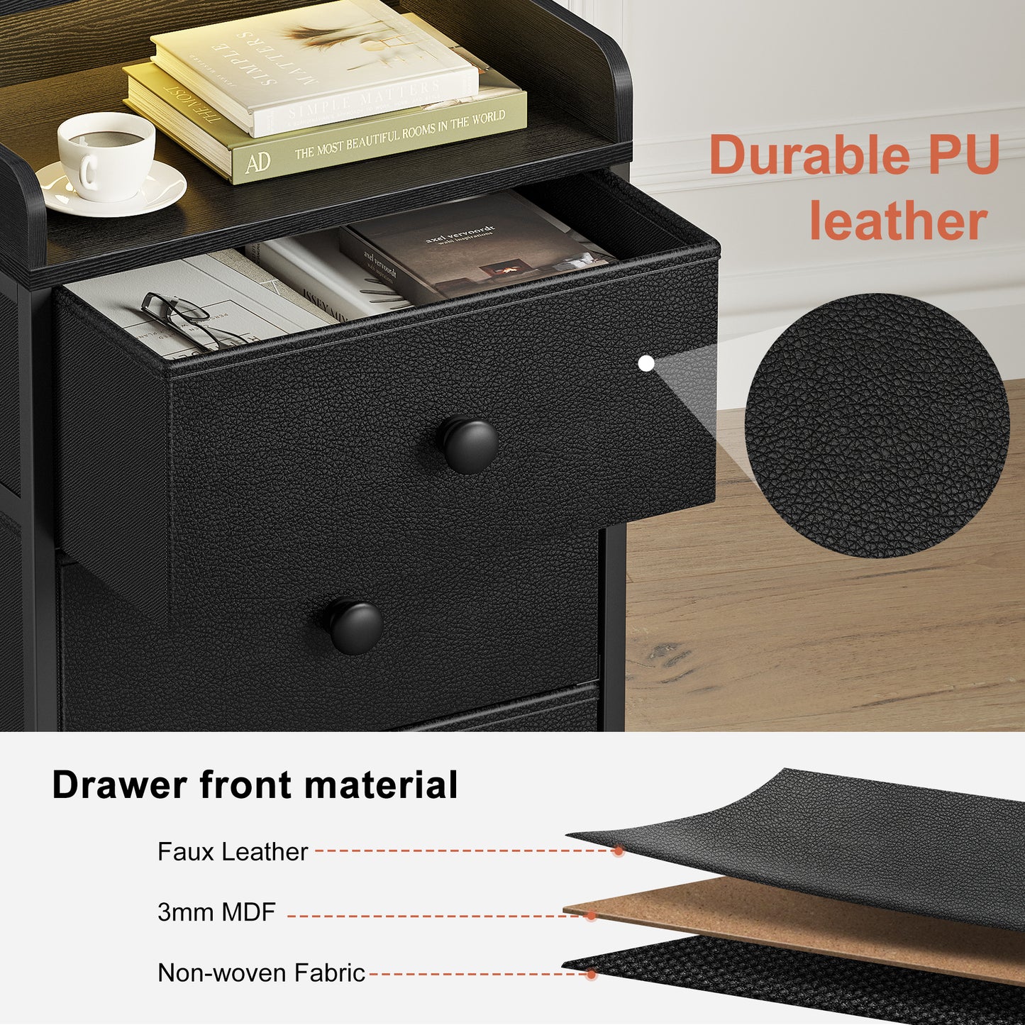 WOWLIVE Nightstand With 3 Drawers & 2-Tier Open Shelf, Bedside Table With LED& 2 USB Ports, Stable Metal Frame
