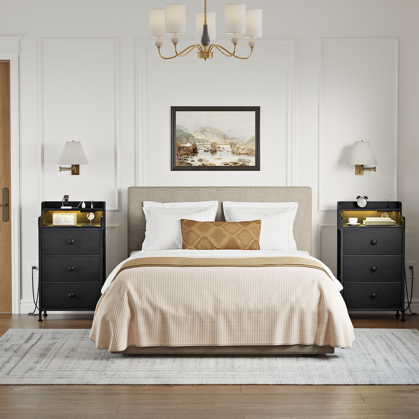 WOWLIVE Nightstand With 3 Drawers & 2-Tier Open Shelf, Bedside Table With LED& 2 USB Ports, Stable Metal Frame