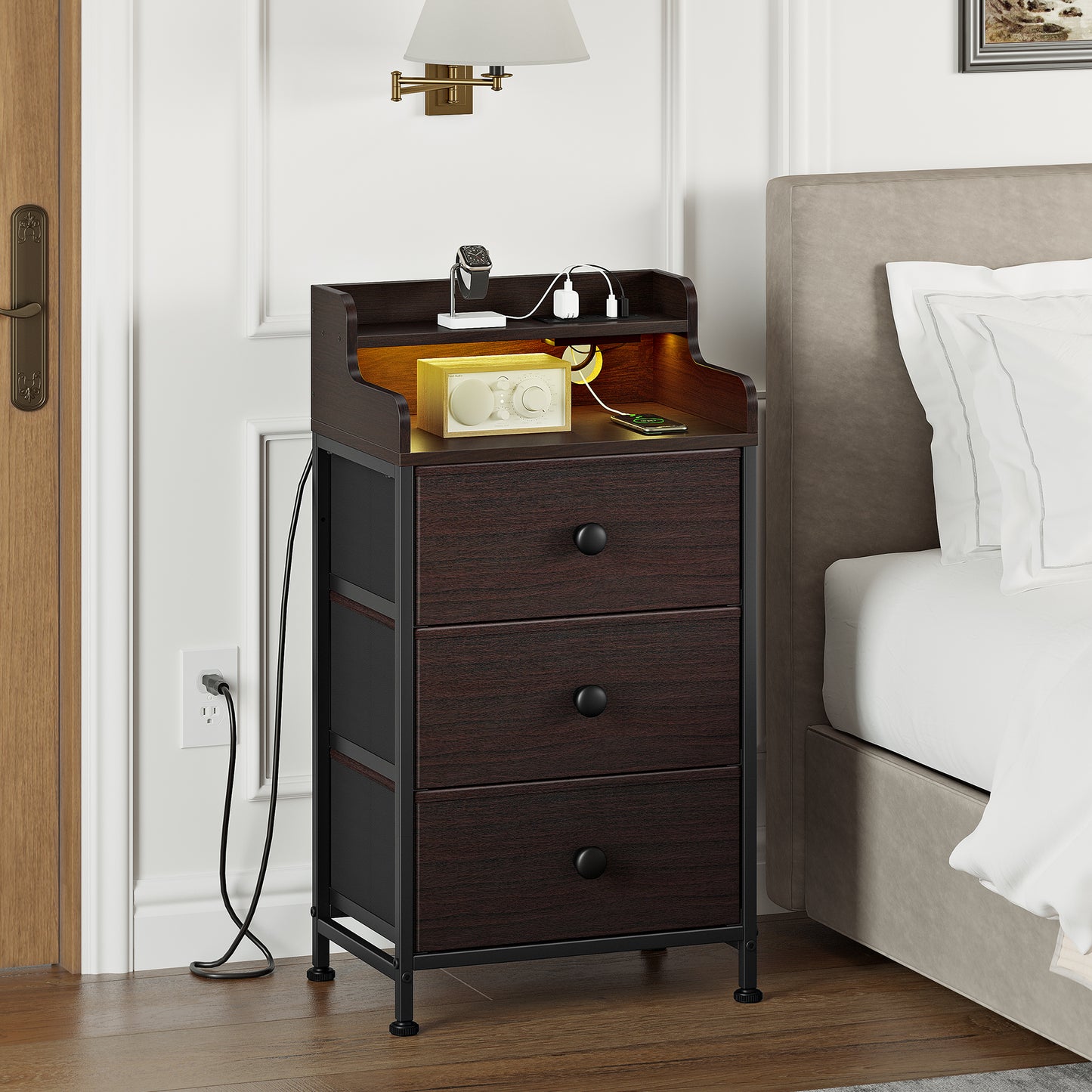 WOWLIVE Nightstand With 3 Drawers & 2-Tier Open Shelf, Bedside Table With LED& 2 USB Ports, Stable Metal Frame