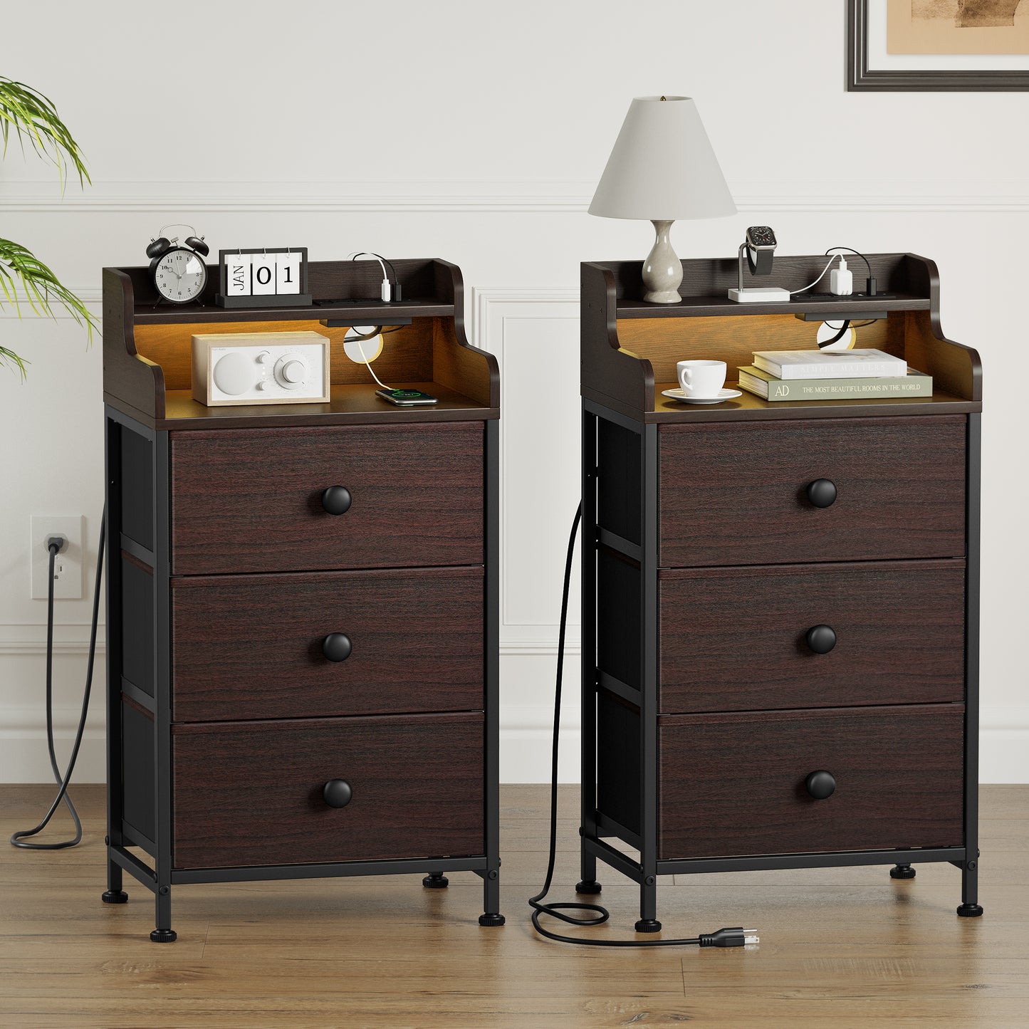WOWLIVE Nightstand With 3 Drawers & 2-Tier Open Shelf, Bedside Table With LED& 2 USB Ports, Stable Metal Frame