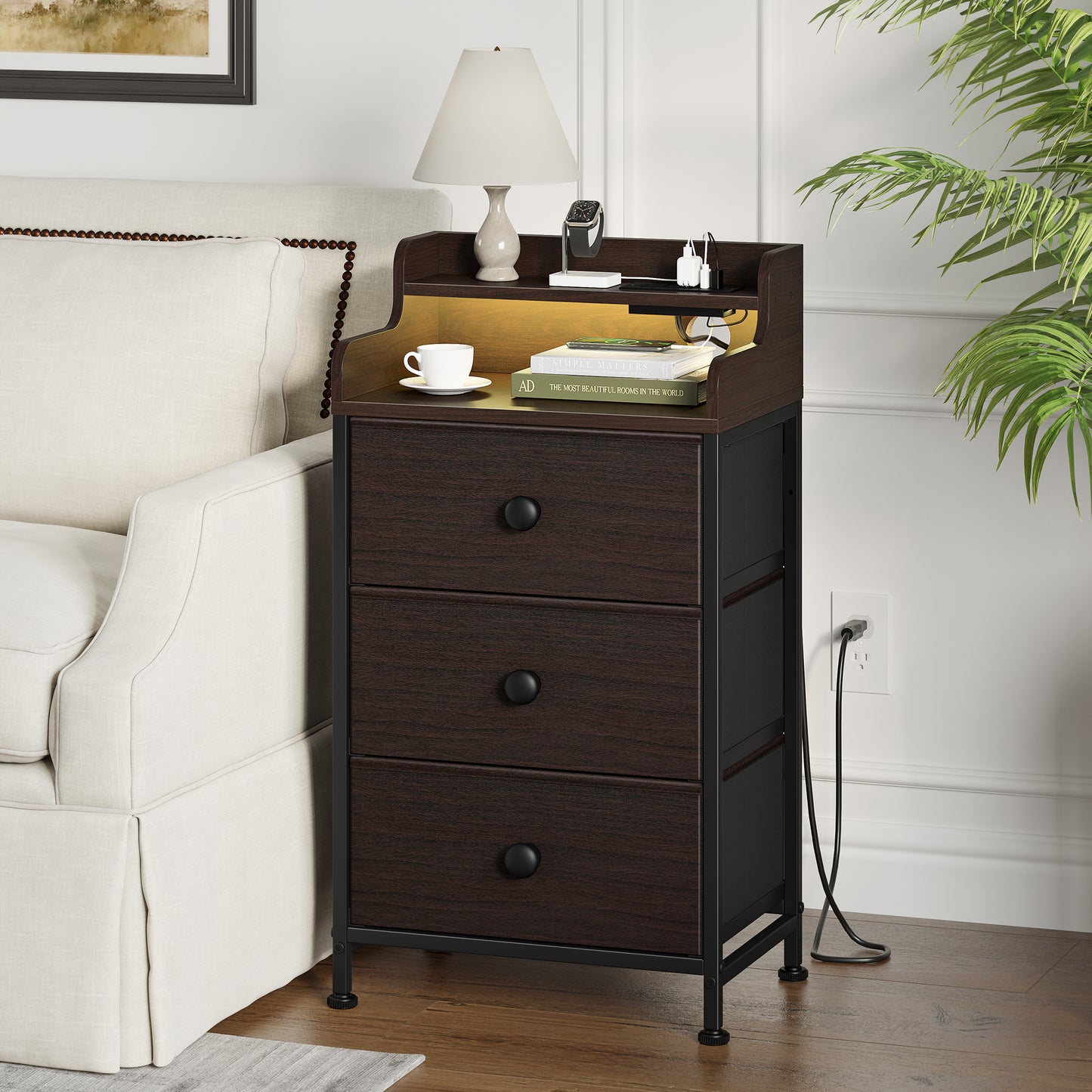 WOWLIVE Nightstand With 3 Drawers & 2-Tier Open Shelf, Bedside Table With LED& 2 USB Ports, Stable Metal Frame
