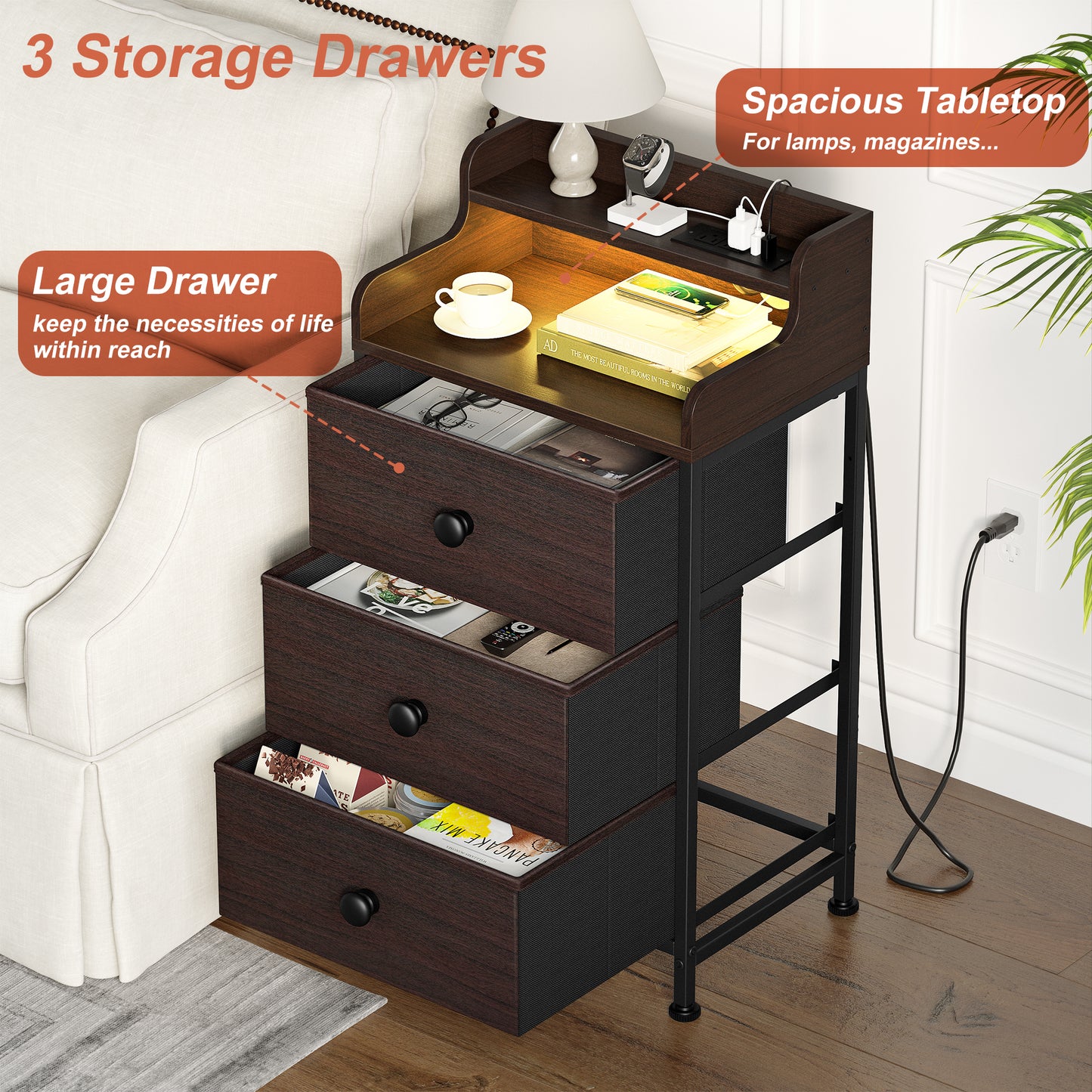 WOWLIVE Nightstand With 3 Drawers & 2-Tier Open Shelf, Bedside Table With LED& 2 USB Ports, Stable Metal Frame