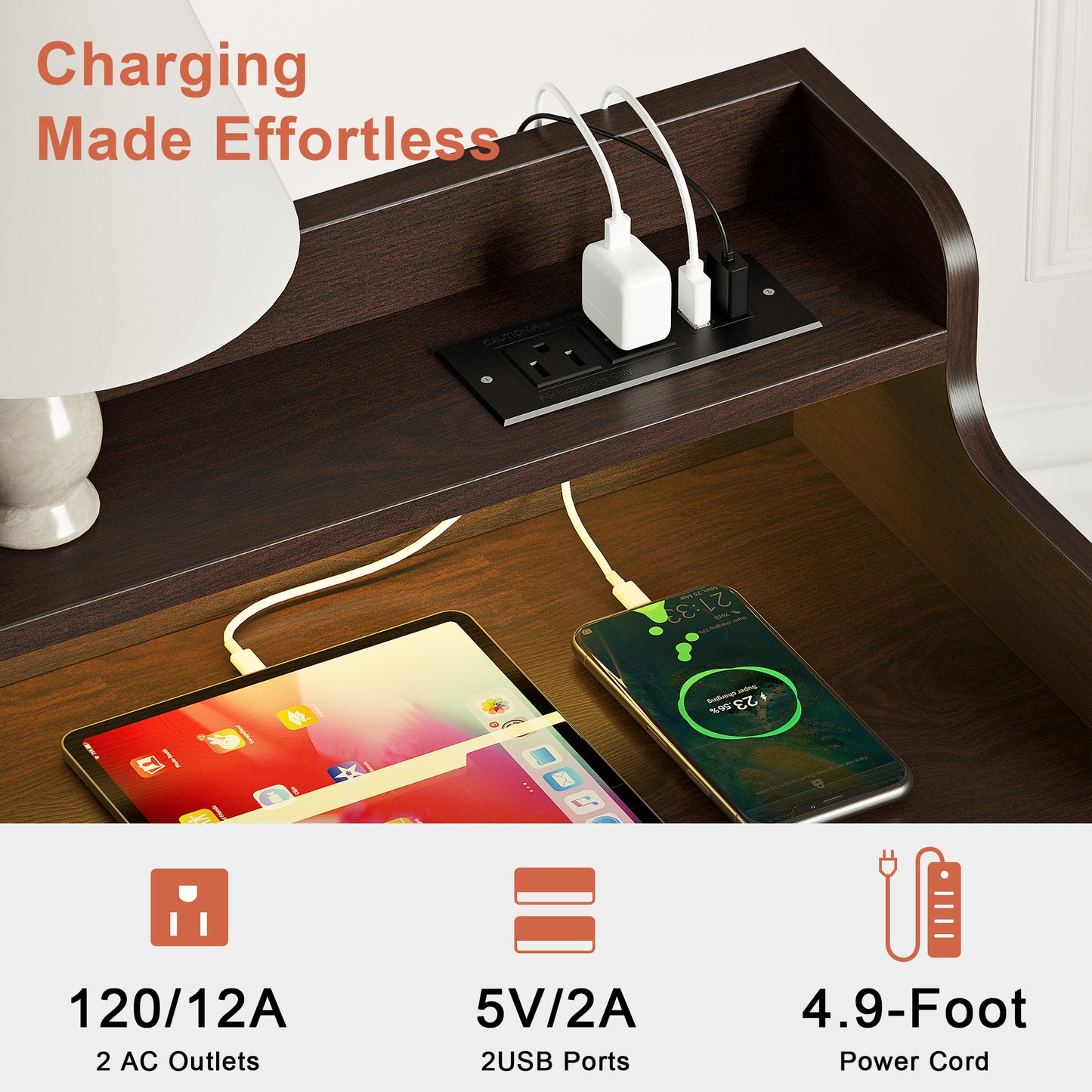 WOWLIVE Nightstand With 3 Drawers & 2-Tier Open Shelf, Bedside Table With LED& 2 USB Ports, Stable Metal Frame